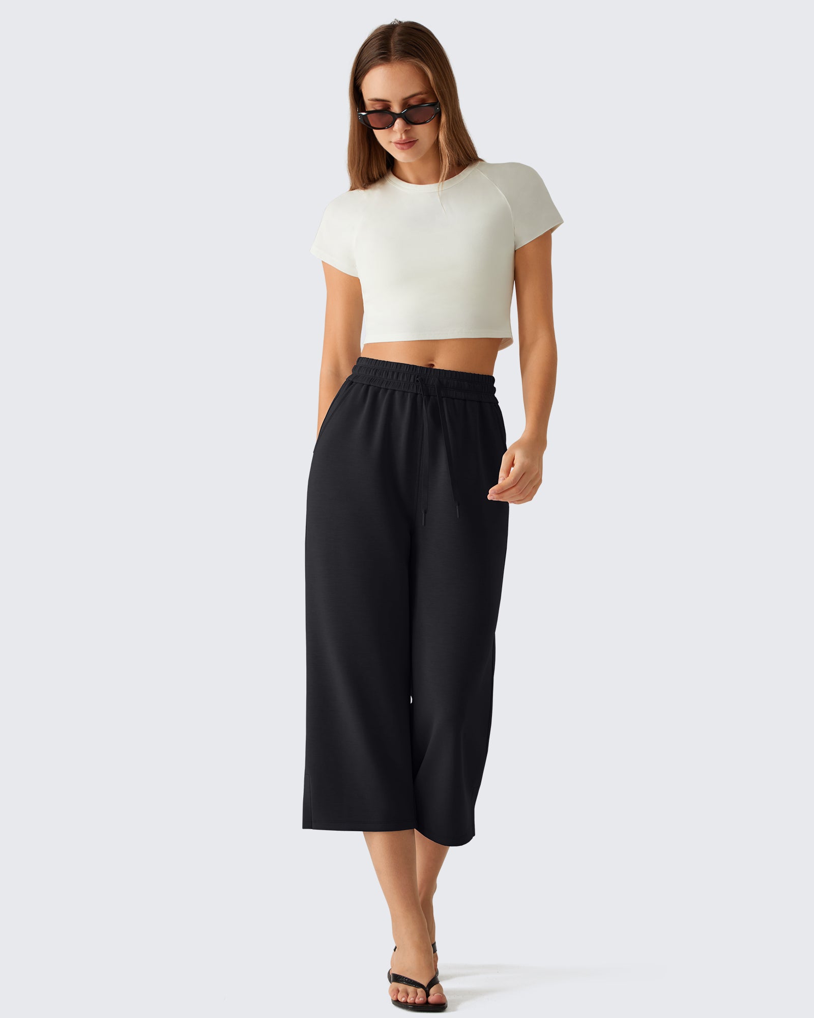 G4Free - G4Free Smoofit Drawstring Wide Leg Capri Pants with Pockets -GF26J907A001A-S