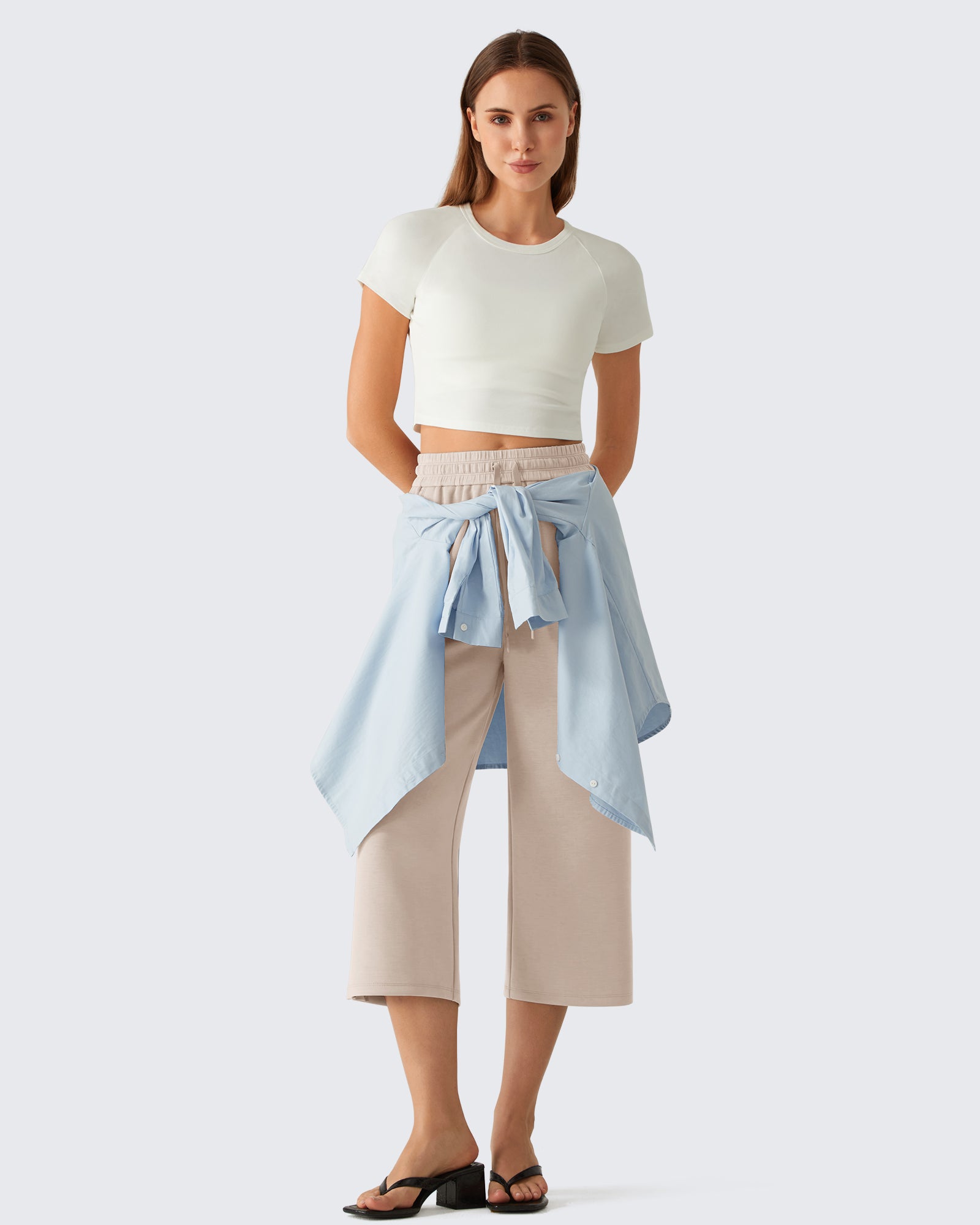 G4Free - G4Free Smoofit Drawstring Wide Leg Capri Pants with Pockets -GF26J907A001A-S