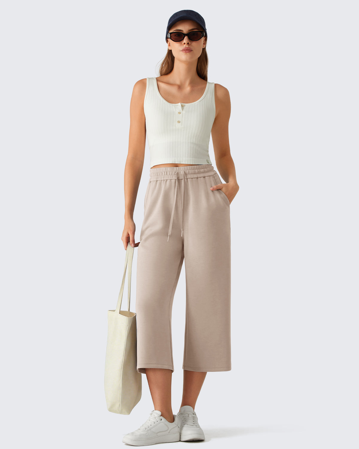 G4Free - G4Free Smoofit Drawstring Wide Leg Capri Pants with Pockets -GF26J907A001A-S