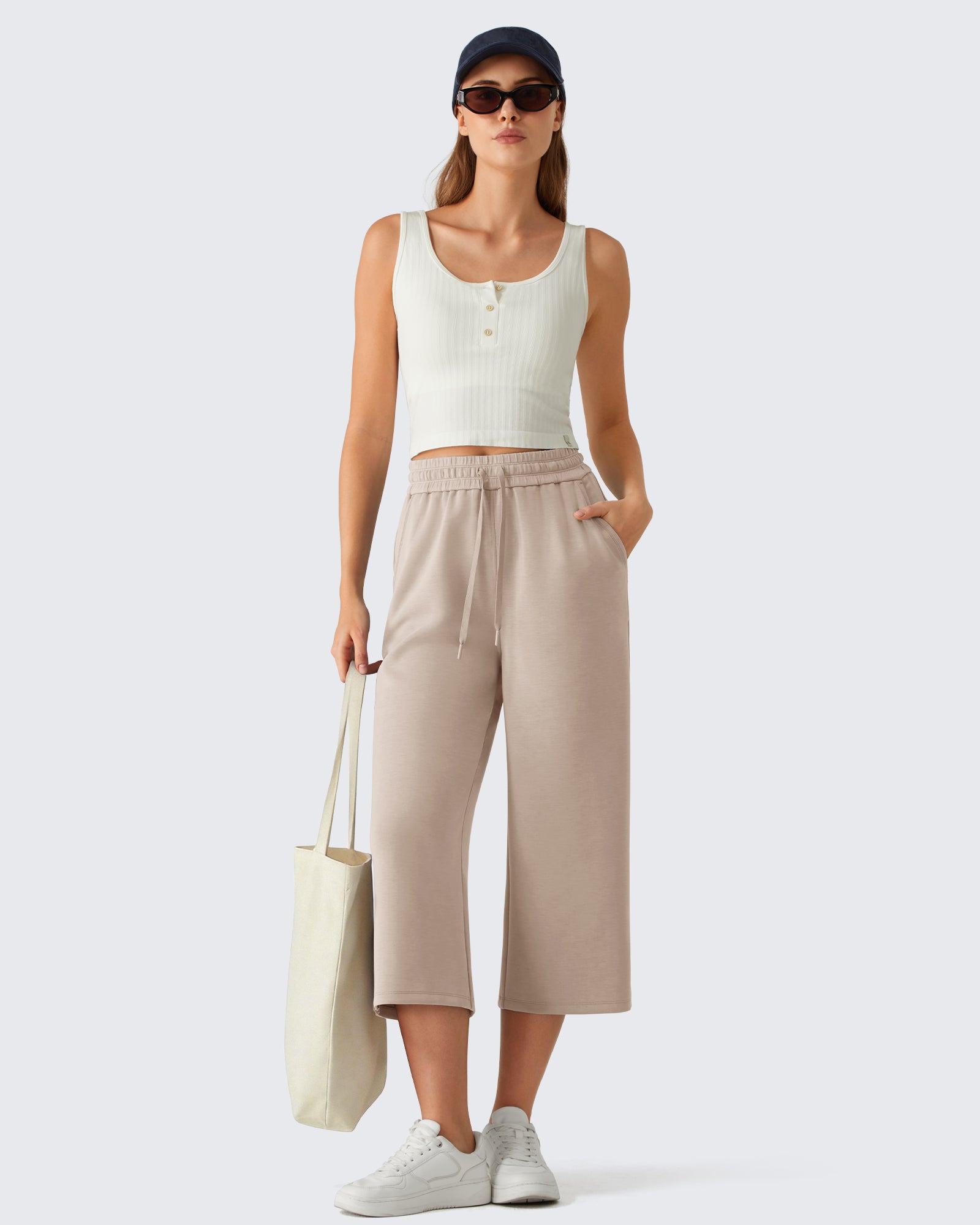 G4Free - G4Free Smoofit Drawstring Wide Leg Capri Pants with Pockets -GF26J907A001A-S