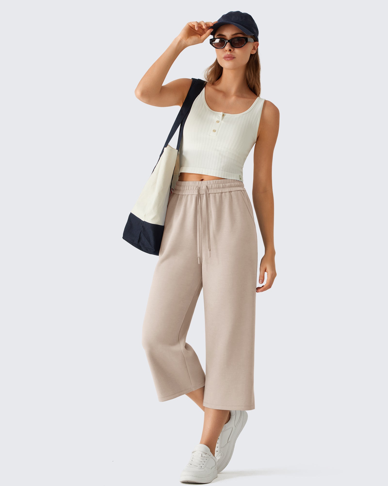 G4Free - G4Free Smoofit Drawstring Wide Leg Capri Pants with Pockets -GF26J907A001A-S