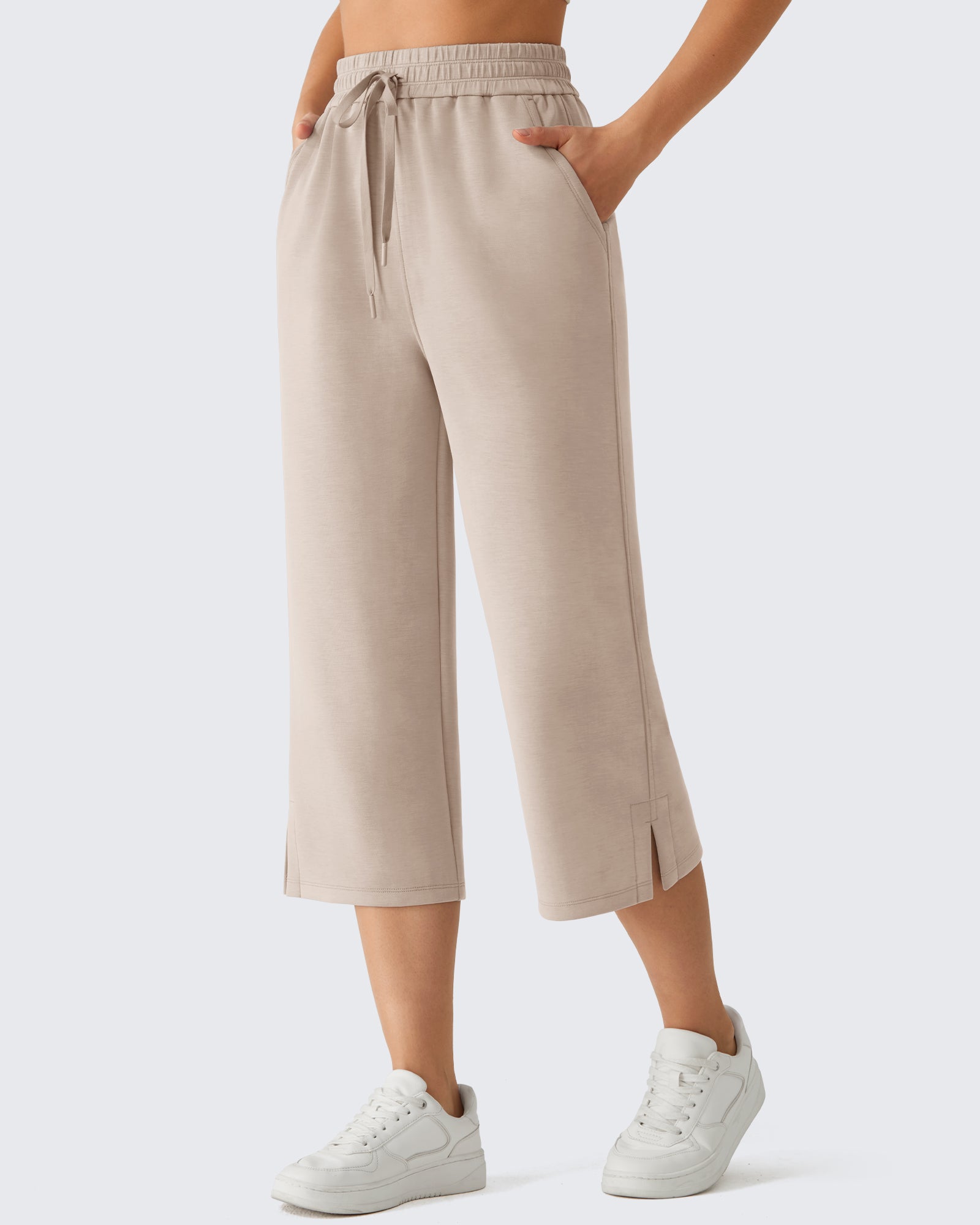 G4Free - G4Free Smoofit Drawstring Wide Leg Capri Pants with Pockets -GF26J907A001A-S