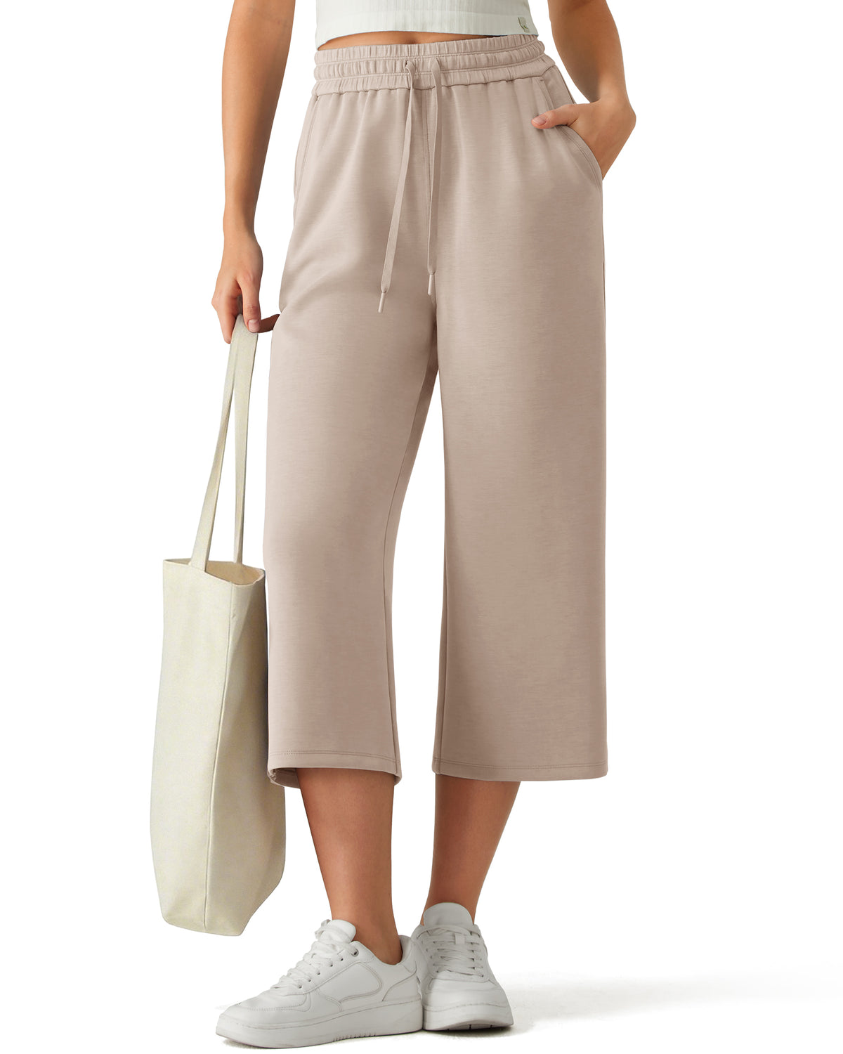 G4Free - G4Free Smoofit Drawstring Wide Leg Capri Pants with Pockets -GF26J907A001A-S