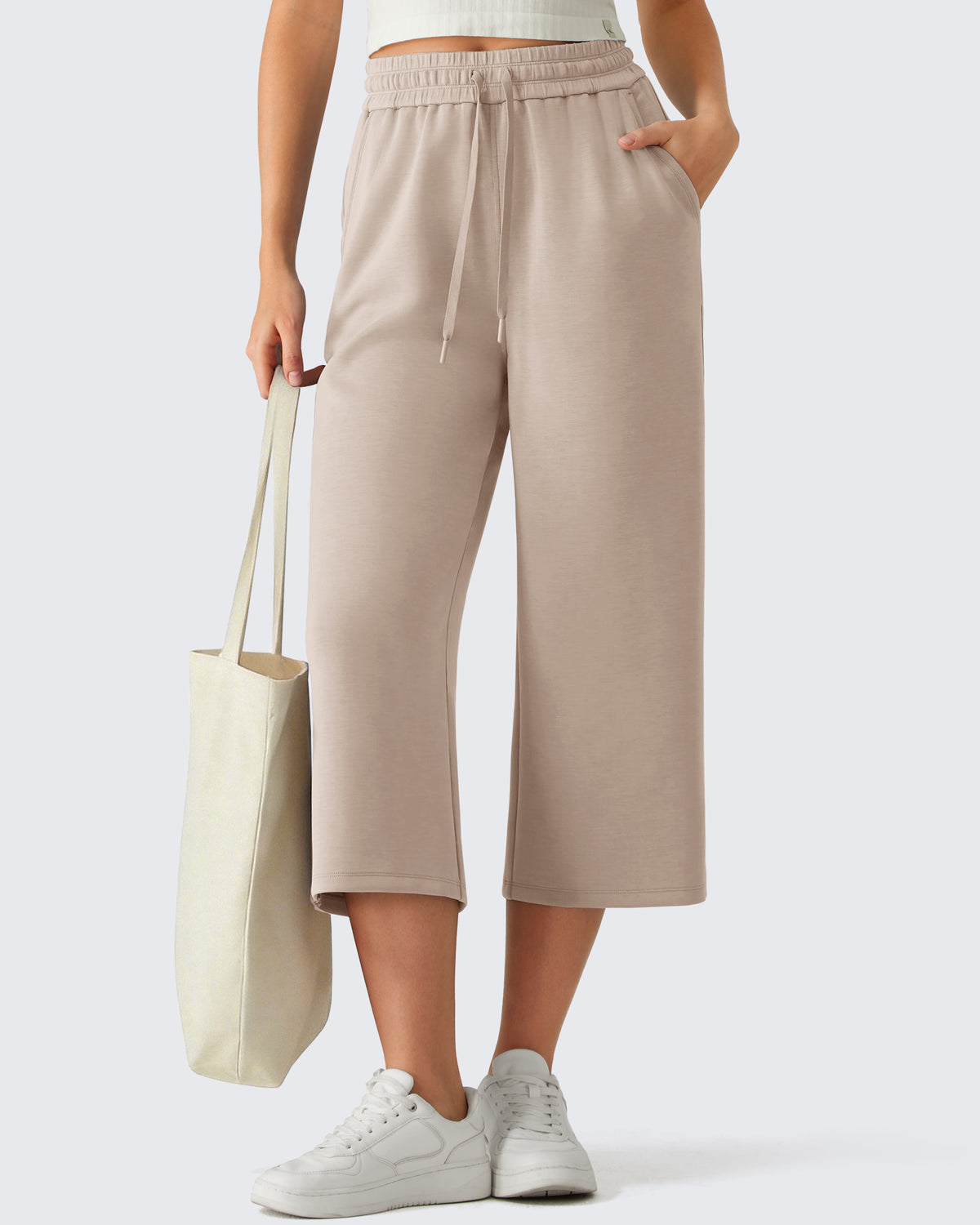 G4Free - G4Free Smoofit Drawstring Wide Leg Capri Pants with Pockets -GF26J907A001A-S