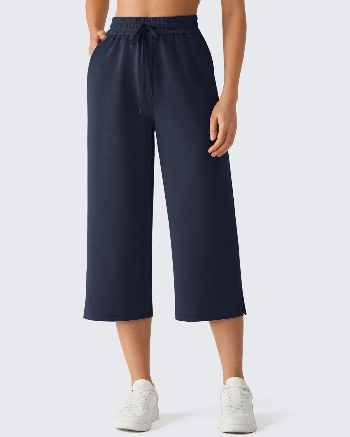 G4Free - G4Free Smoofit Drawstring Wide Leg Capri Pants with Pockets -GF26J907D019A-S