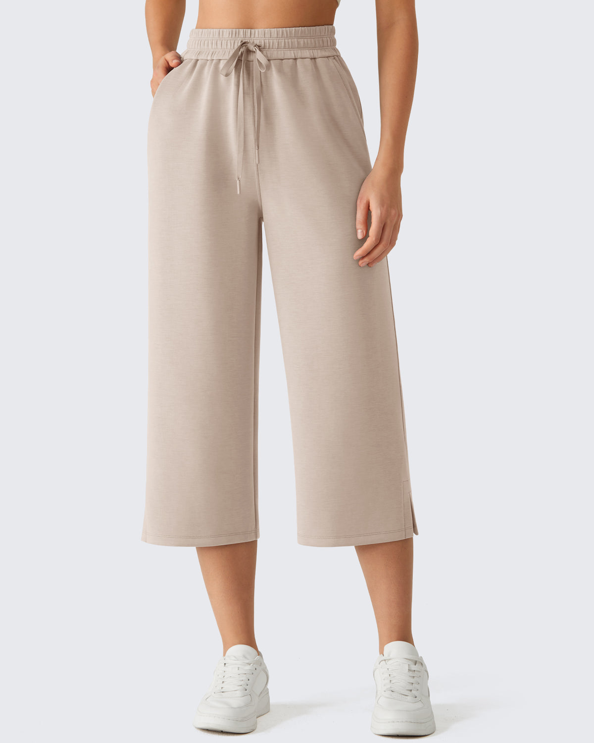 G4Free - G4Free Smoofit Drawstring Wide Leg Capri Pants with Pockets -GF26J907F001A-S