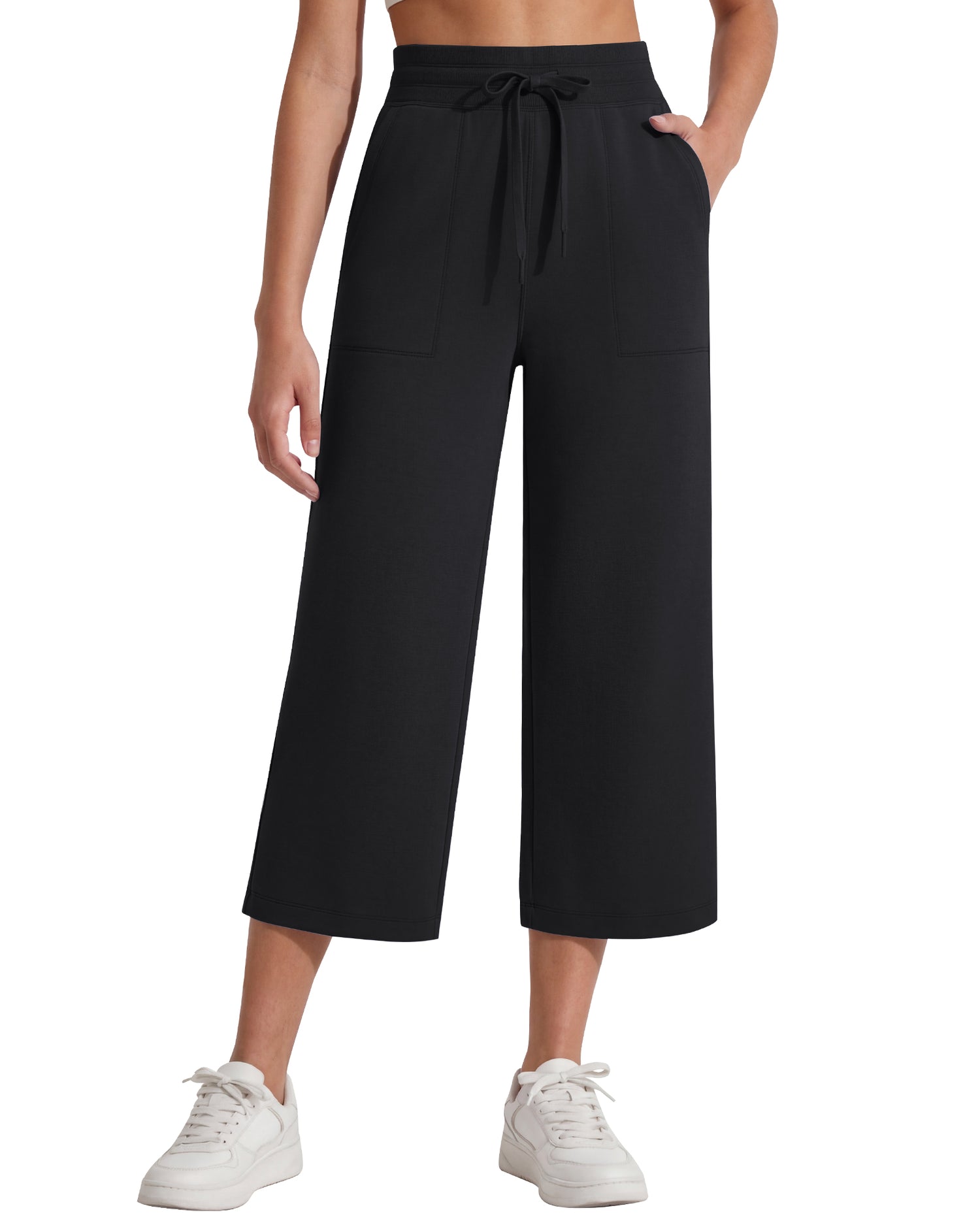 G4Free - G4Free Smoofit High Waisted Drawstring Wide Leg Capris with Pockets -GF26J982A001A-S