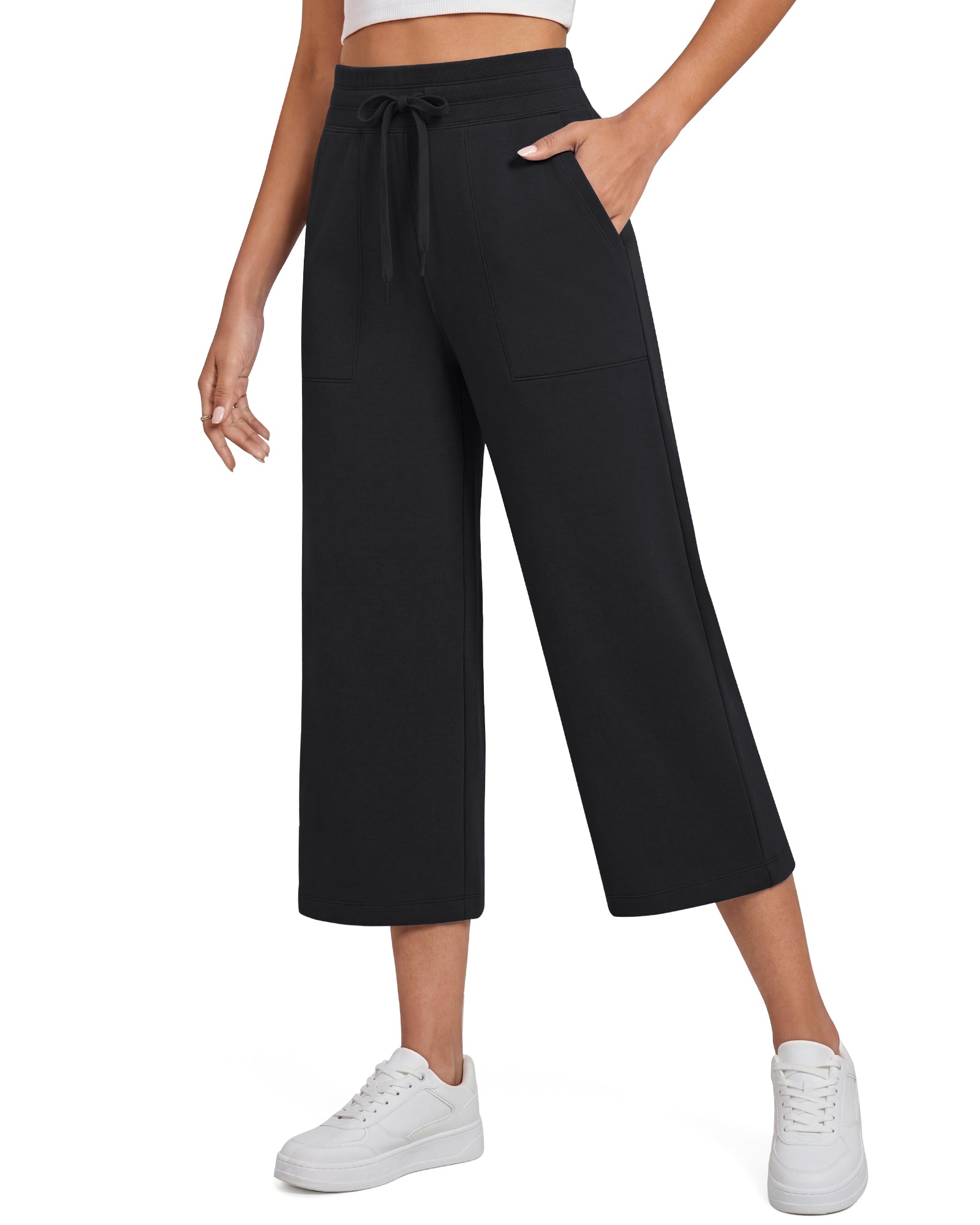G4Free - G4Free Smoofit High Waisted Drawstring Wide Leg Capris with Pockets -GF26J982A001A-S