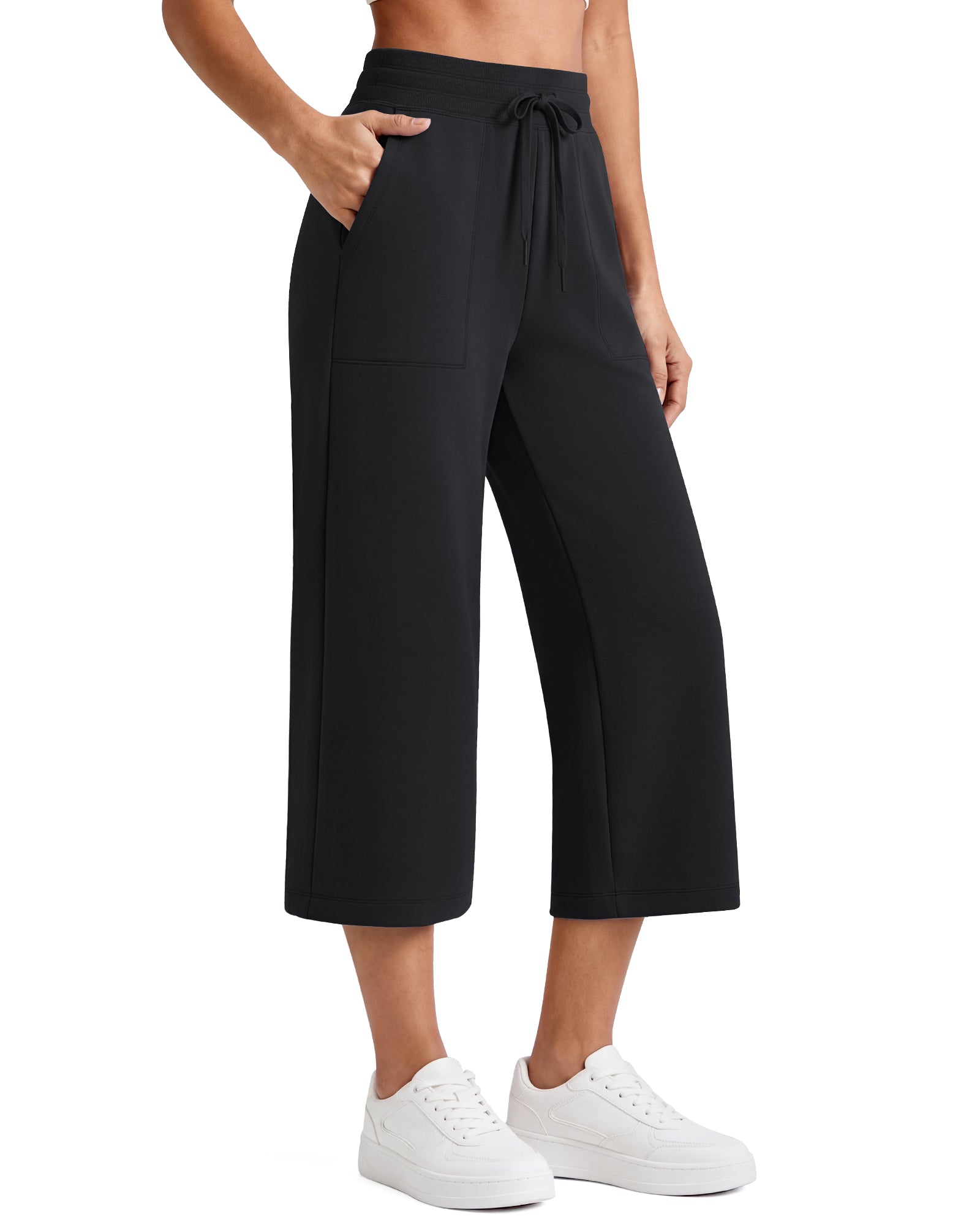 G4Free - G4Free Smoofit High Waisted Drawstring Wide Leg Capris with Pockets -GF26J982A001A-S