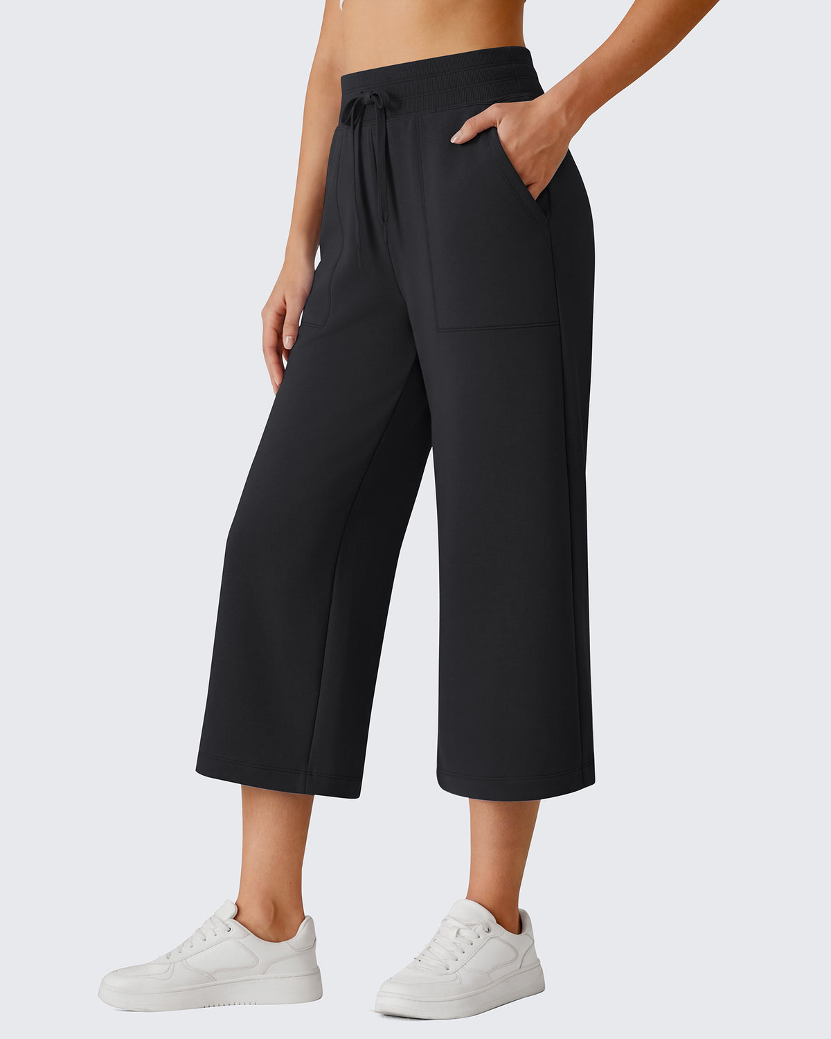 G4Free - G4Free Smoofit High Waisted Drawstring Wide Leg Capris with Pockets -GF26J982A001A-S