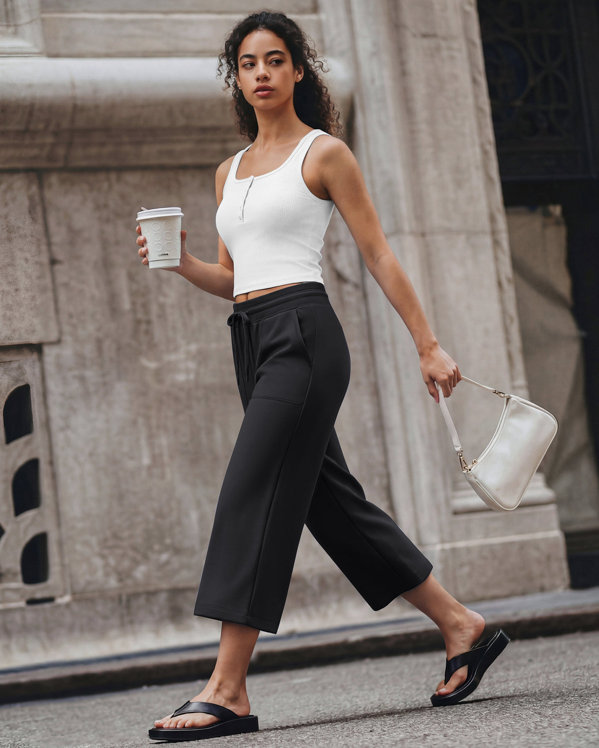 G4Free - G4Free Smoofit High Waisted Drawstring Wide Leg Capris with Pockets -GF26J982A001A-S