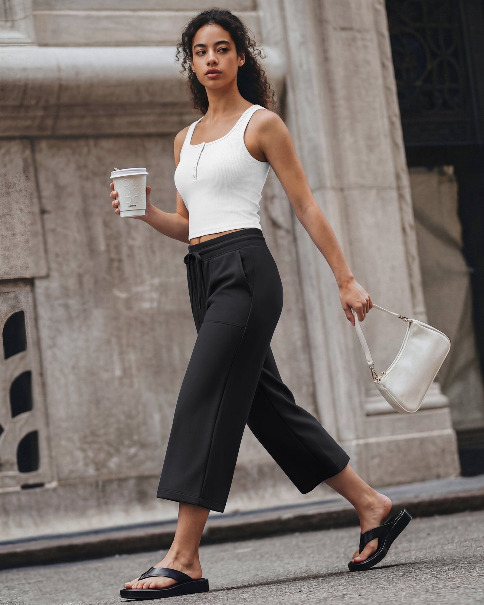G4Free - G4Free Smoofit High Waisted Drawstring Wide Leg Capris with Pockets -GF26J982A001A-S