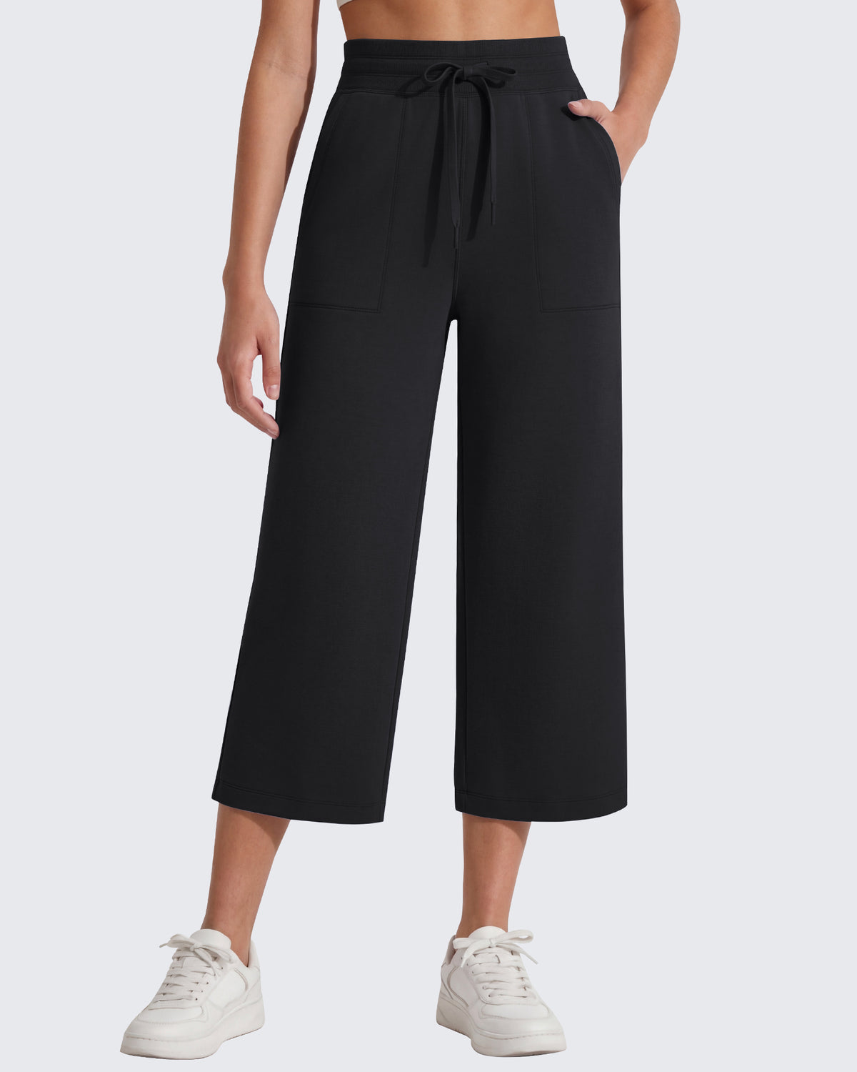 G4Free - G4Free Smoofit High Waisted Drawstring Wide Leg Capris with Pockets -GF26J982A001A-S