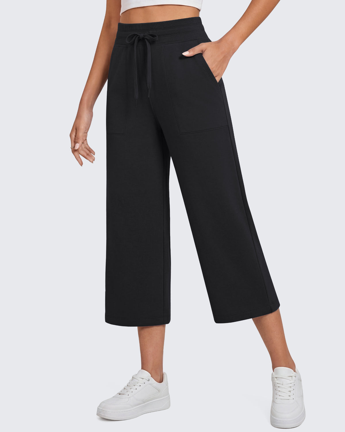 G4Free - G4Free Smoofit High Waisted Drawstring Wide Leg Capris with Pockets -GF26J982A001A-S