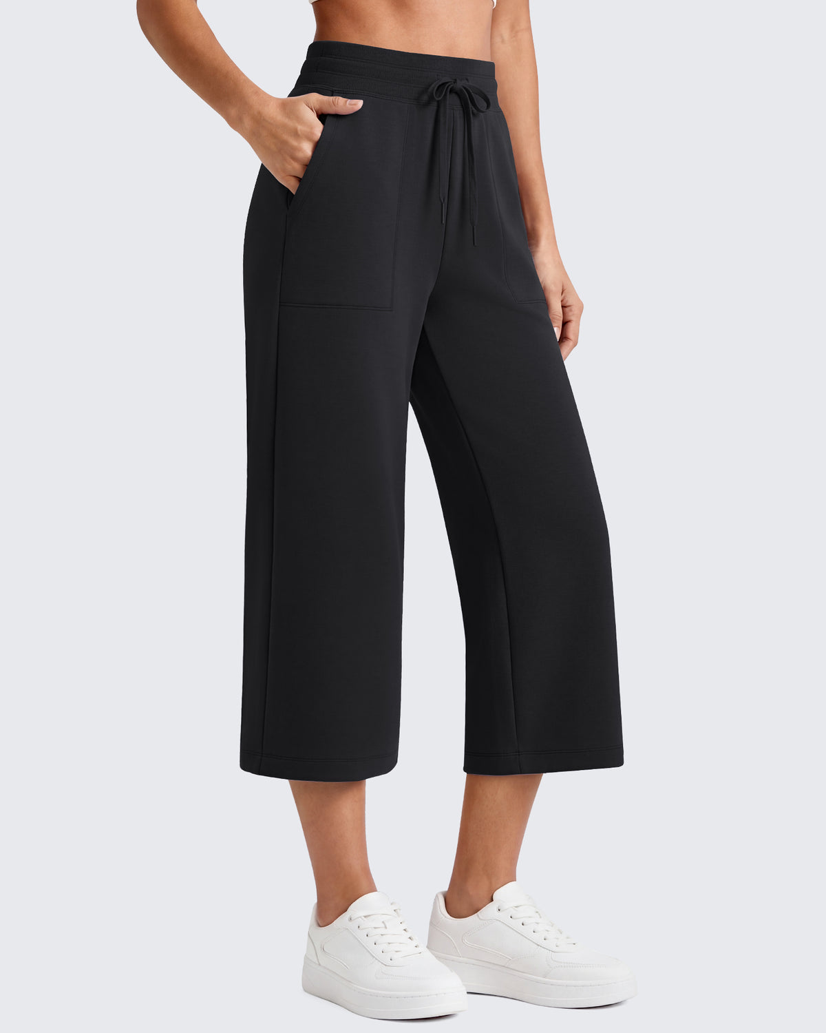 G4Free - G4Free Smoofit High Waisted Drawstring Wide Leg Capris with Pockets -GF26J982A001A-S