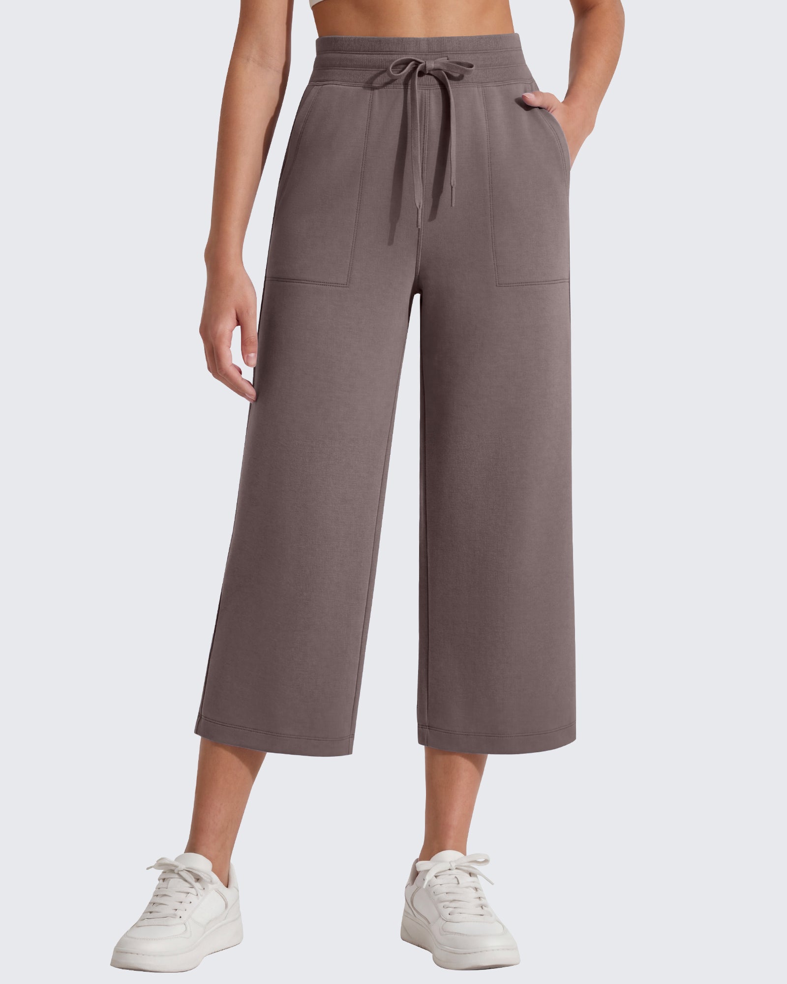 G4Free - G4Free Smoofit High Waisted Drawstring Wide Leg Capris with Pockets -GF26J982A001A-S