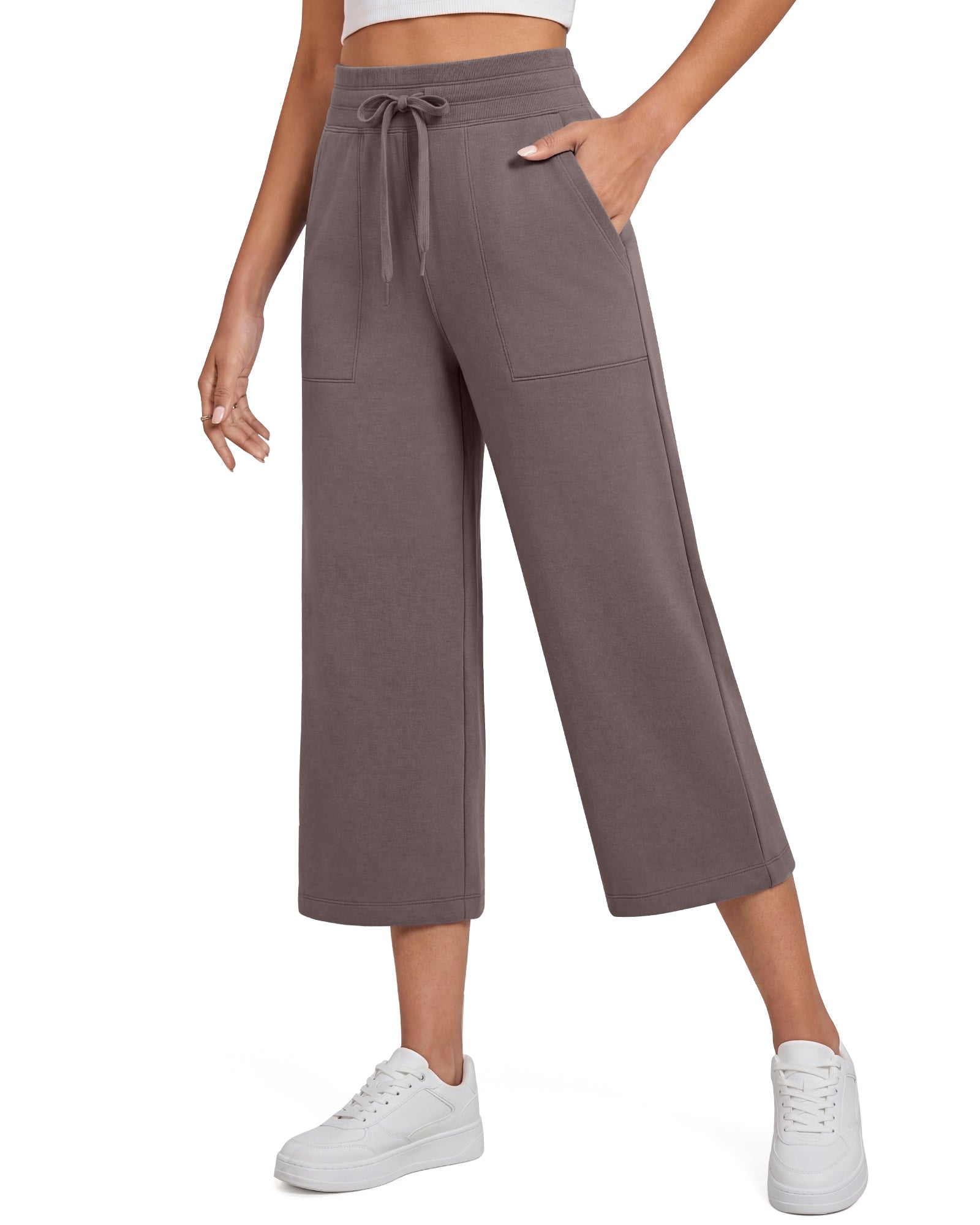 G4Free - G4Free Smoofit High Waisted Drawstring Wide Leg Capris with Pockets -GF26J982A001A-S