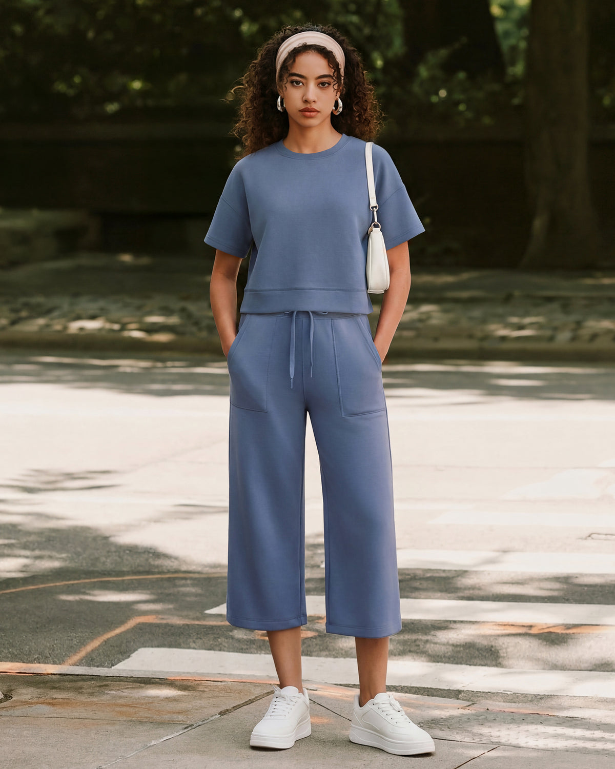 G4Free - G4Free Smoofit High Waisted Drawstring Wide Leg Capris with Pockets -GF26J982A001A-S