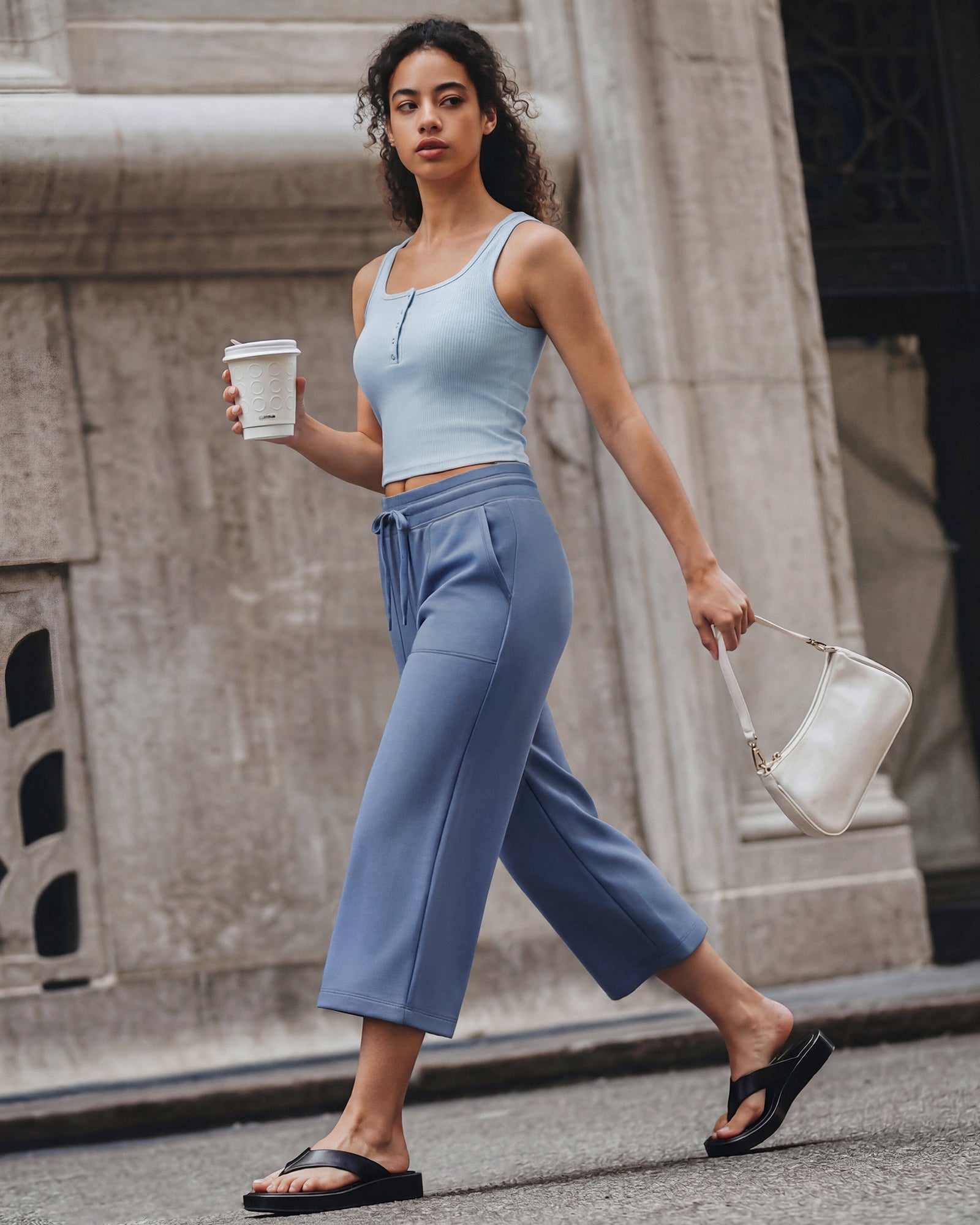 G4Free - G4Free Smoofit High Waisted Drawstring Wide Leg Capris with Pockets -GF26J982A001A-S