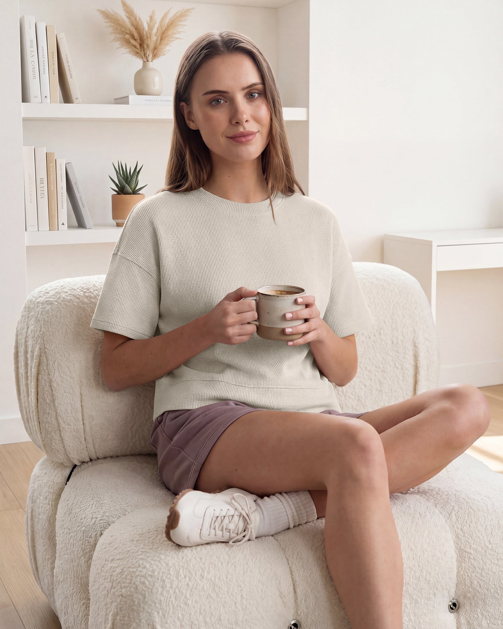 G4Free - G4Free Soft Waffle Knit Crewneck Tee Breathable Loose Fit -GF26K1003A001A-S