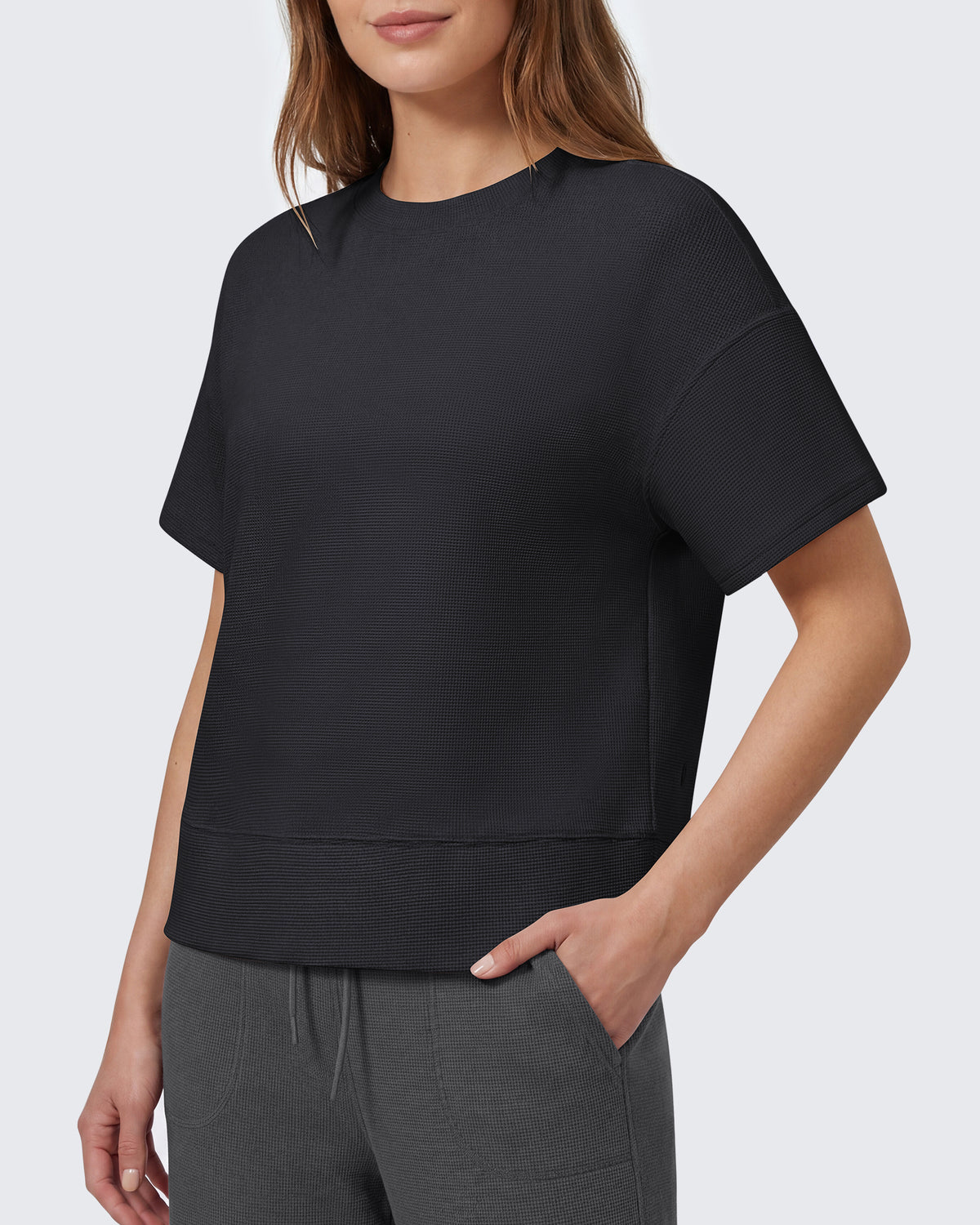 G4Free - G4Free Soft Waffle Knit Crewneck Tee Breathable Loose Fit -GF26K1003A001A-S