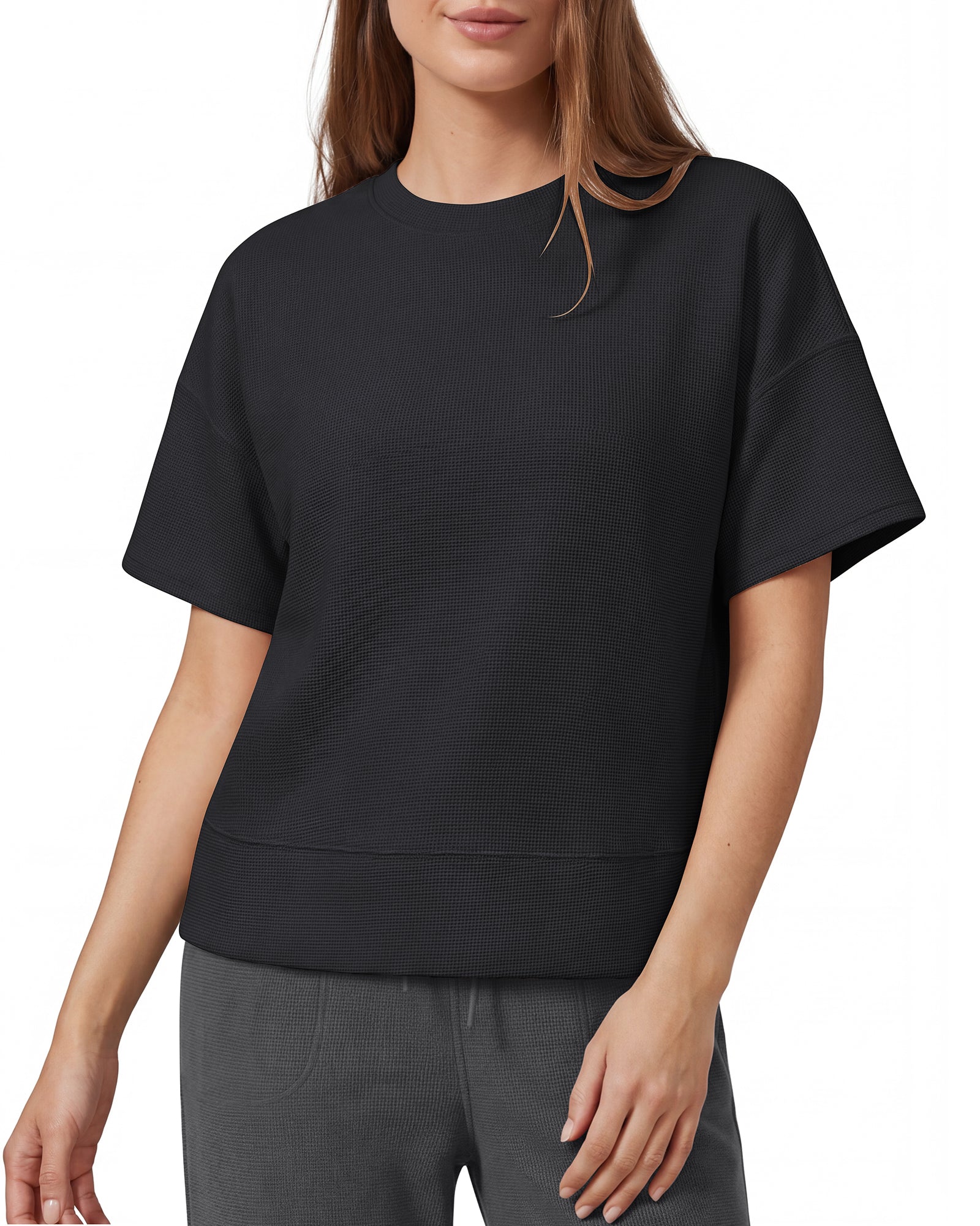 G4Free - G4Free Soft Waffle Knit Crewneck Tee Breathable Loose Fit -GF26K1003A001A-S