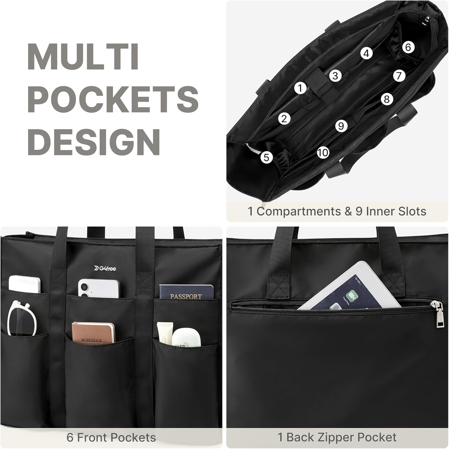 G4Free - G4Free Tote Bag, Multi-Compartment Large Capacity with Zipper Top Handle -TN24B476B