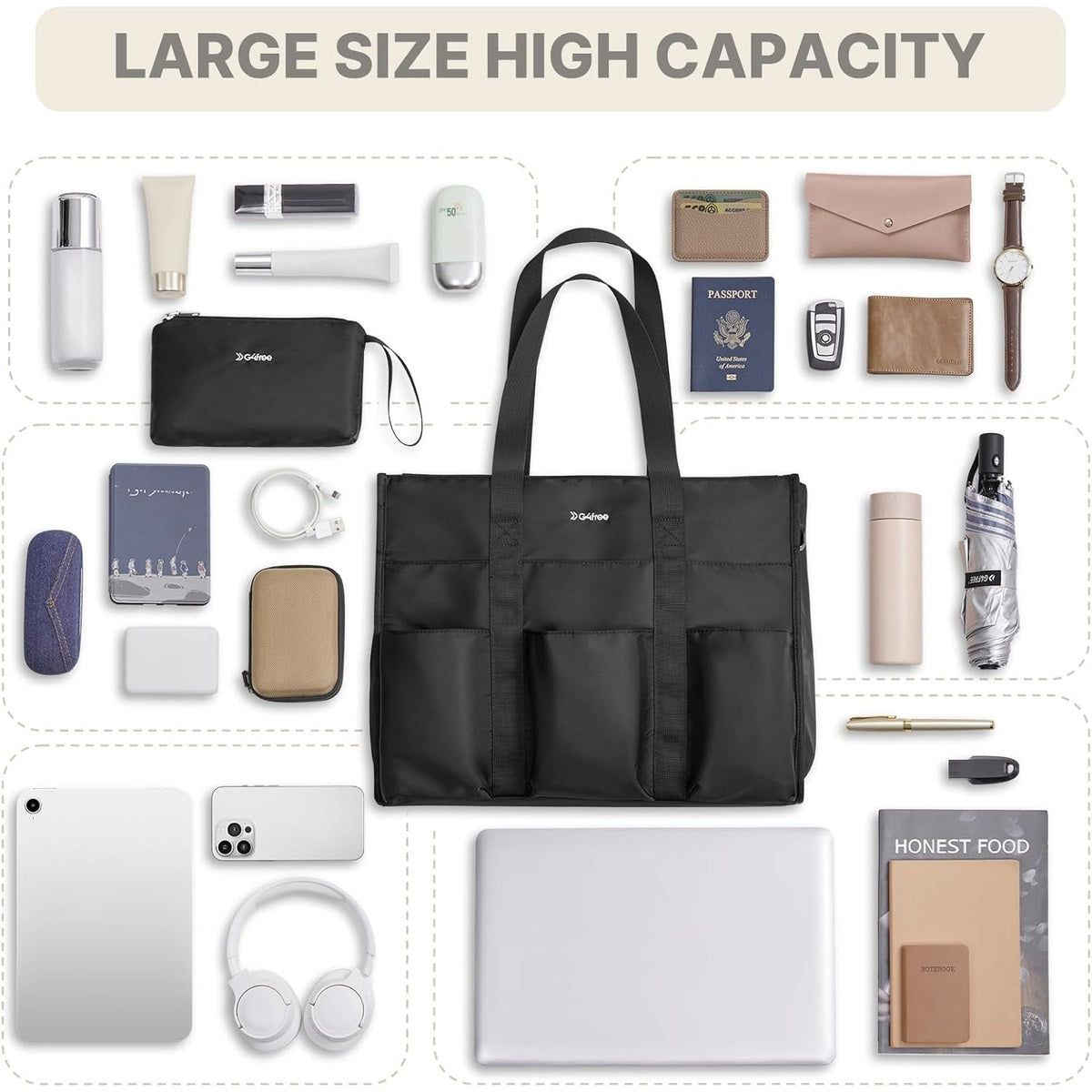 G4Free - G4Free Tote Bag, Multi-Compartment Large Capacity with Zipper Top Handle -TN24B476B