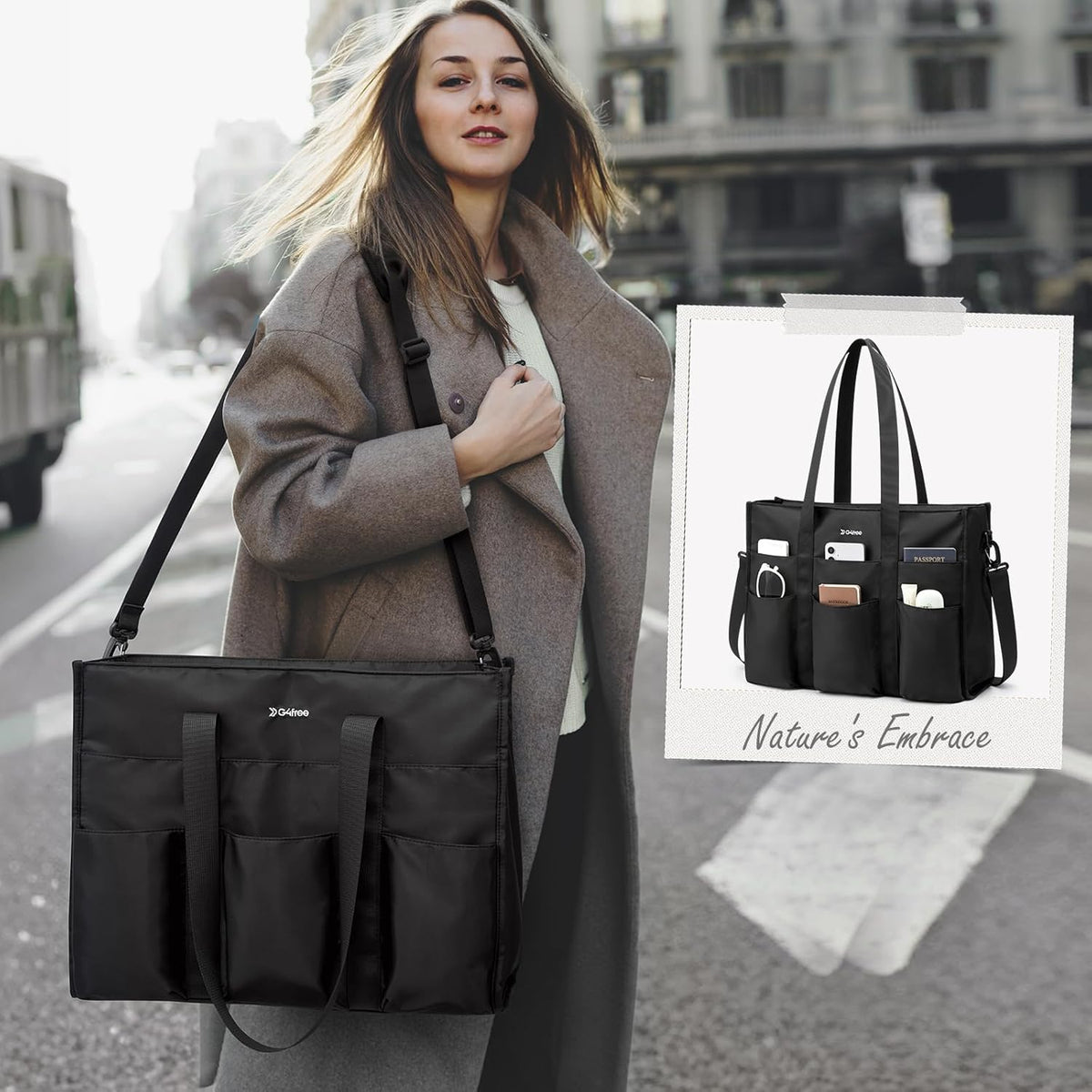 G4Free - G4Free Tote Bag, Multi-Compartment Large Capacity with Zipper Top Handle -TN24B476B