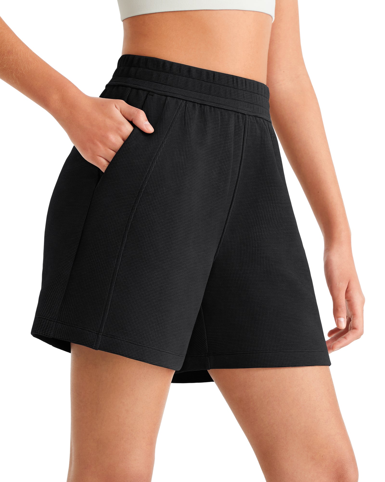 G4Free - G4Free Waffle Knit 4'' High Waisted Shorts with Pockets -GF26E958A001A-S