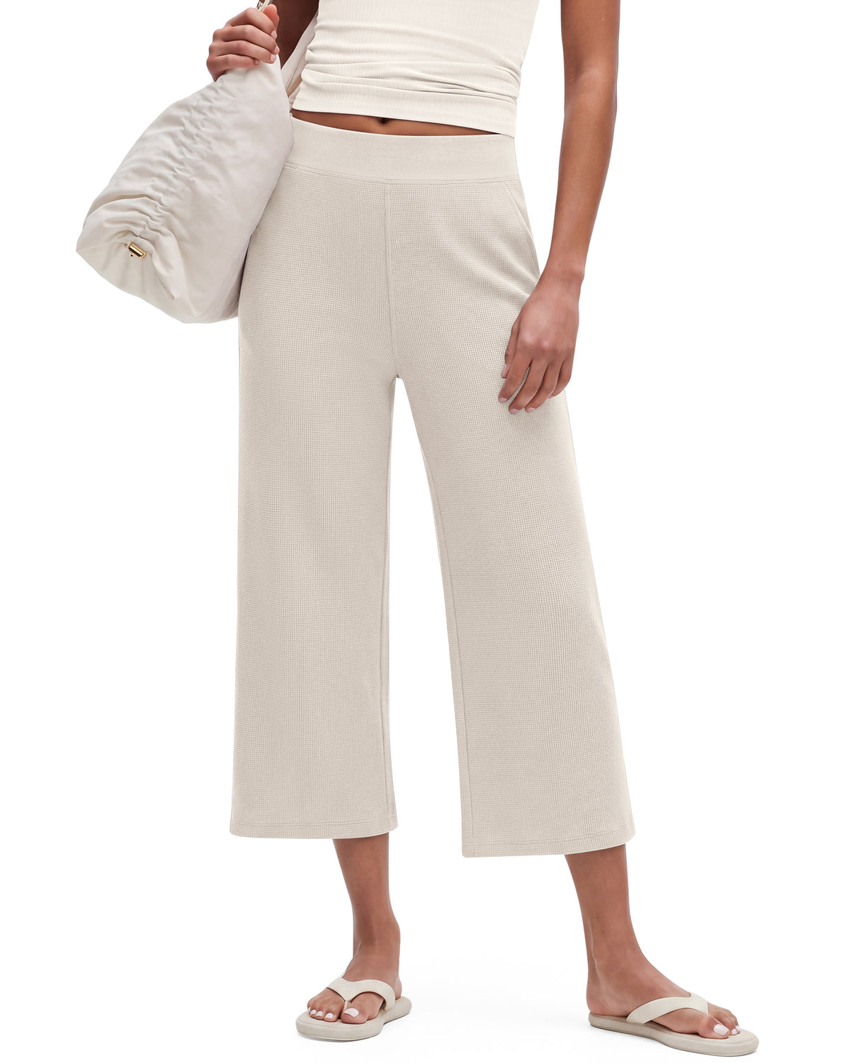 G4Free - G4Free Waffle Wide Leg Capri Pants Cropped Sweatpants -GF26J925A001A-S