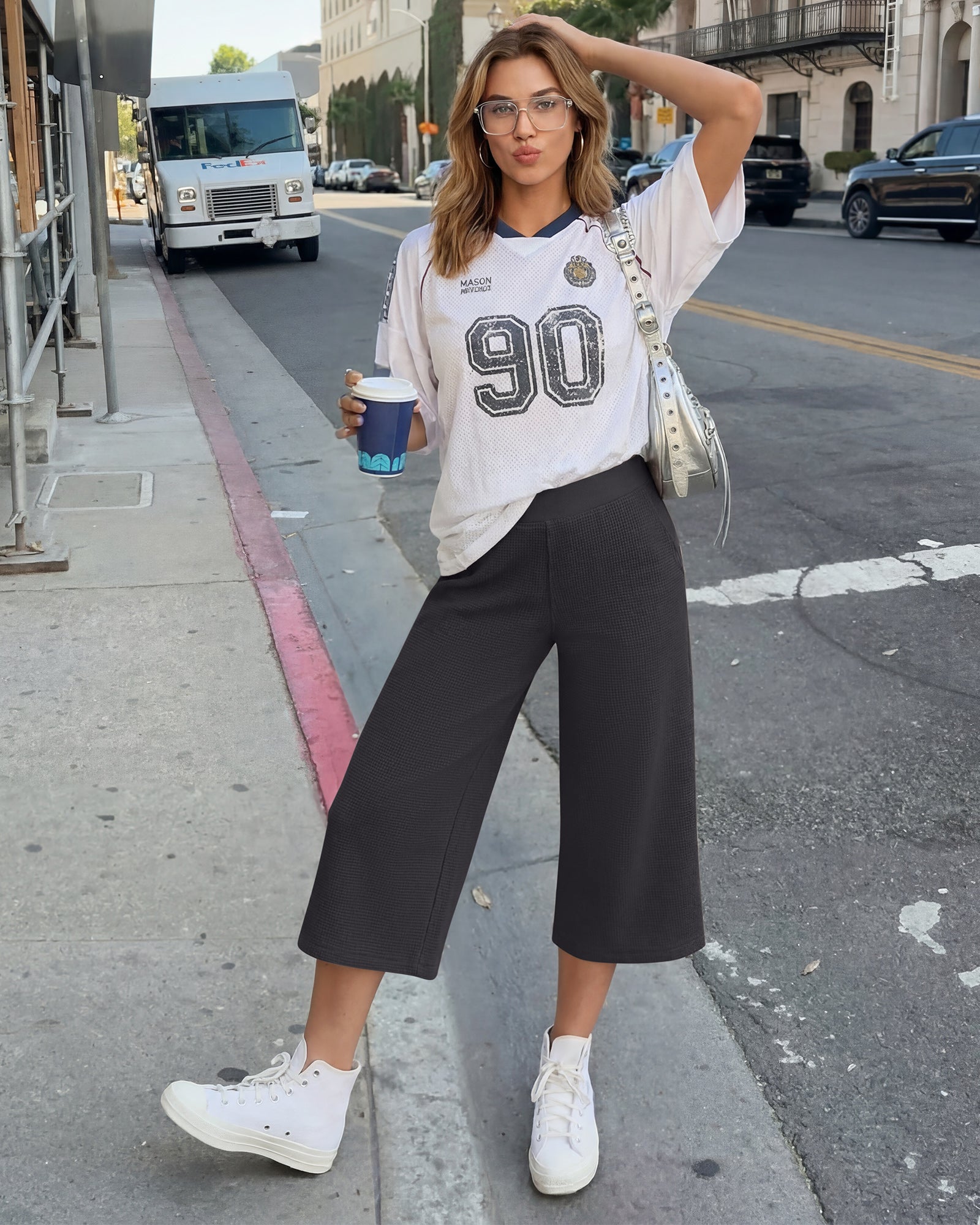 G4Free - G4Free Waffle Wide Leg Capri Pants Cropped Sweatpants -GF26J925A001A-S