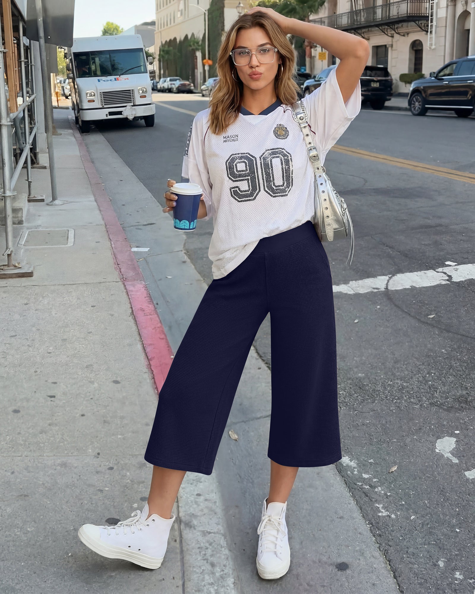 G4Free - G4Free Waffle Wide Leg Capri Pants Cropped Sweatpants -GF26J925A001A-S