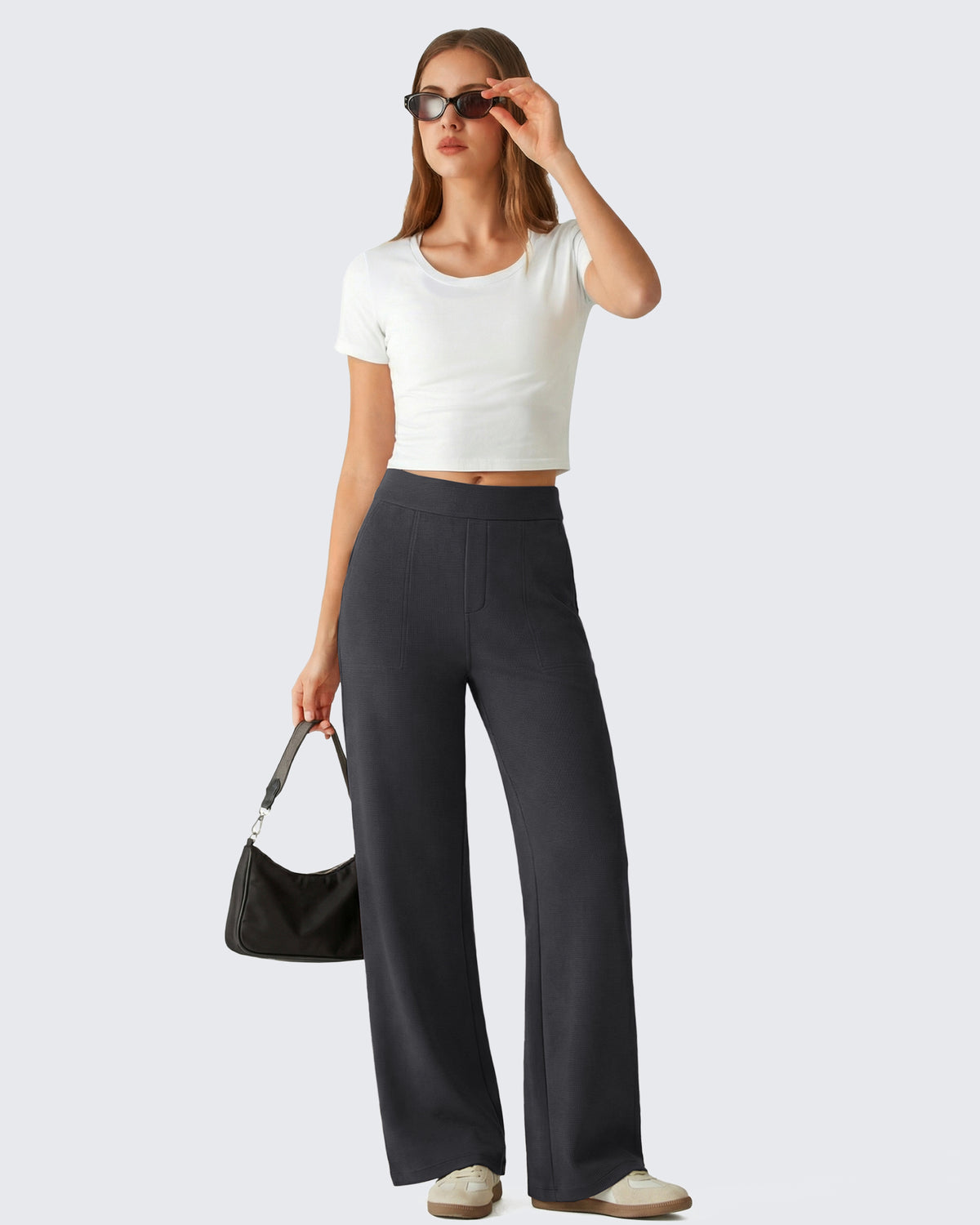 G4Free - G4Free Waffle Wide Leg Pull On Dress Pants High Waisted Stretchy -GF26J871A001A-S