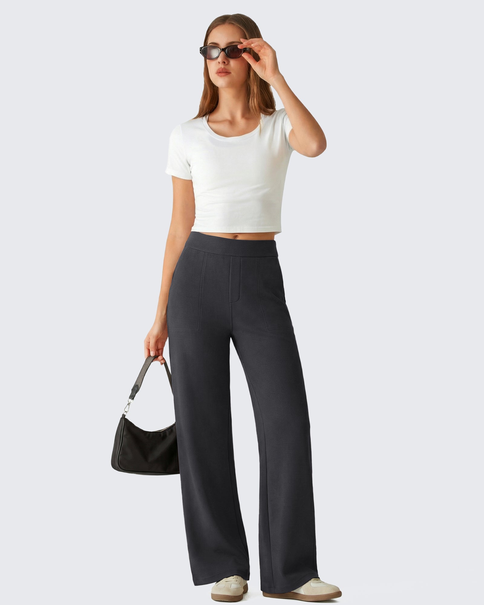 G4Free - G4Free Waffle Wide Leg Pull On Dress Pants High Waisted Stretchy -GF26J871A001A-S