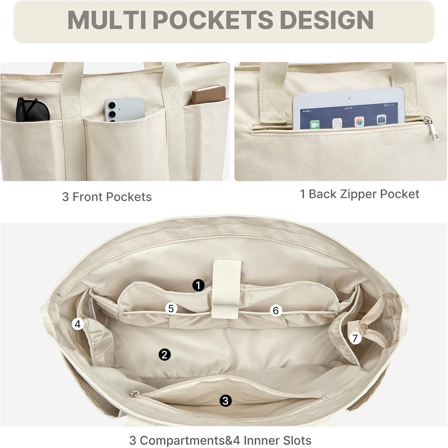 G4Free - G4free Large Zipper Canvas Tote Bag With Laptop Sleeve -TN24B474B
