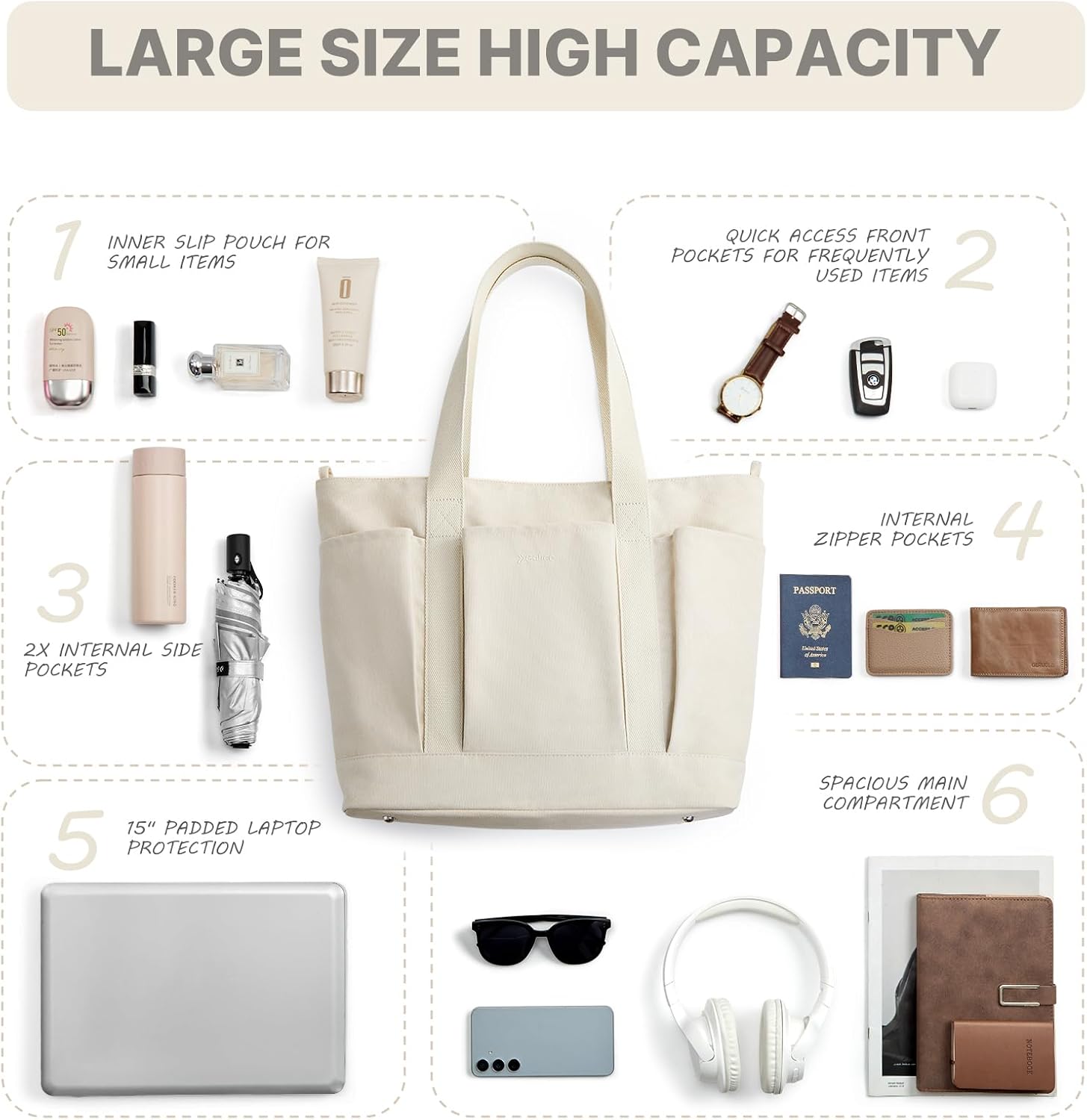 G4Free - G4free Large Zipper Canvas Tote Bag With Laptop Sleeve -TN24B474B