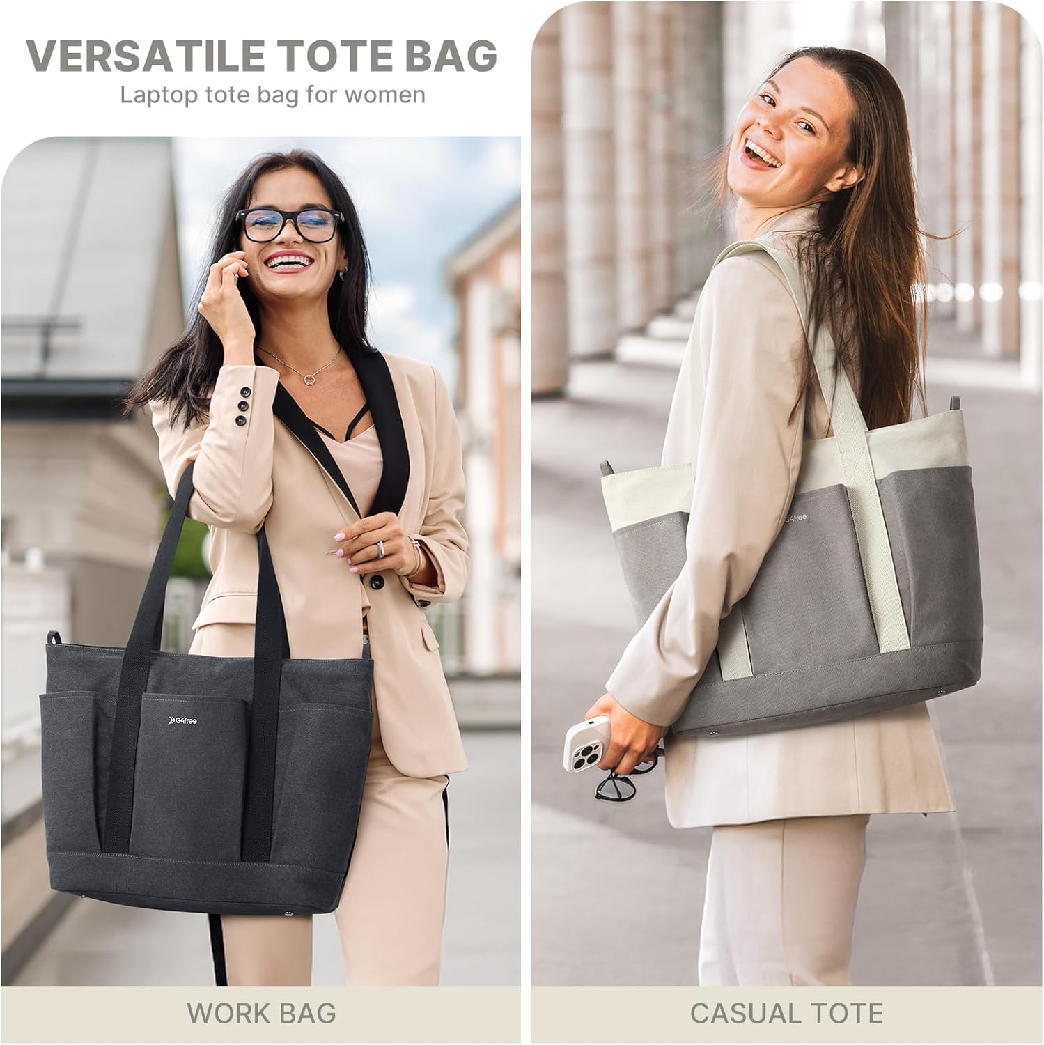 G4Free - G4free Large Zipper Canvas Tote Bag With Laptop Sleeve -TN24B474B