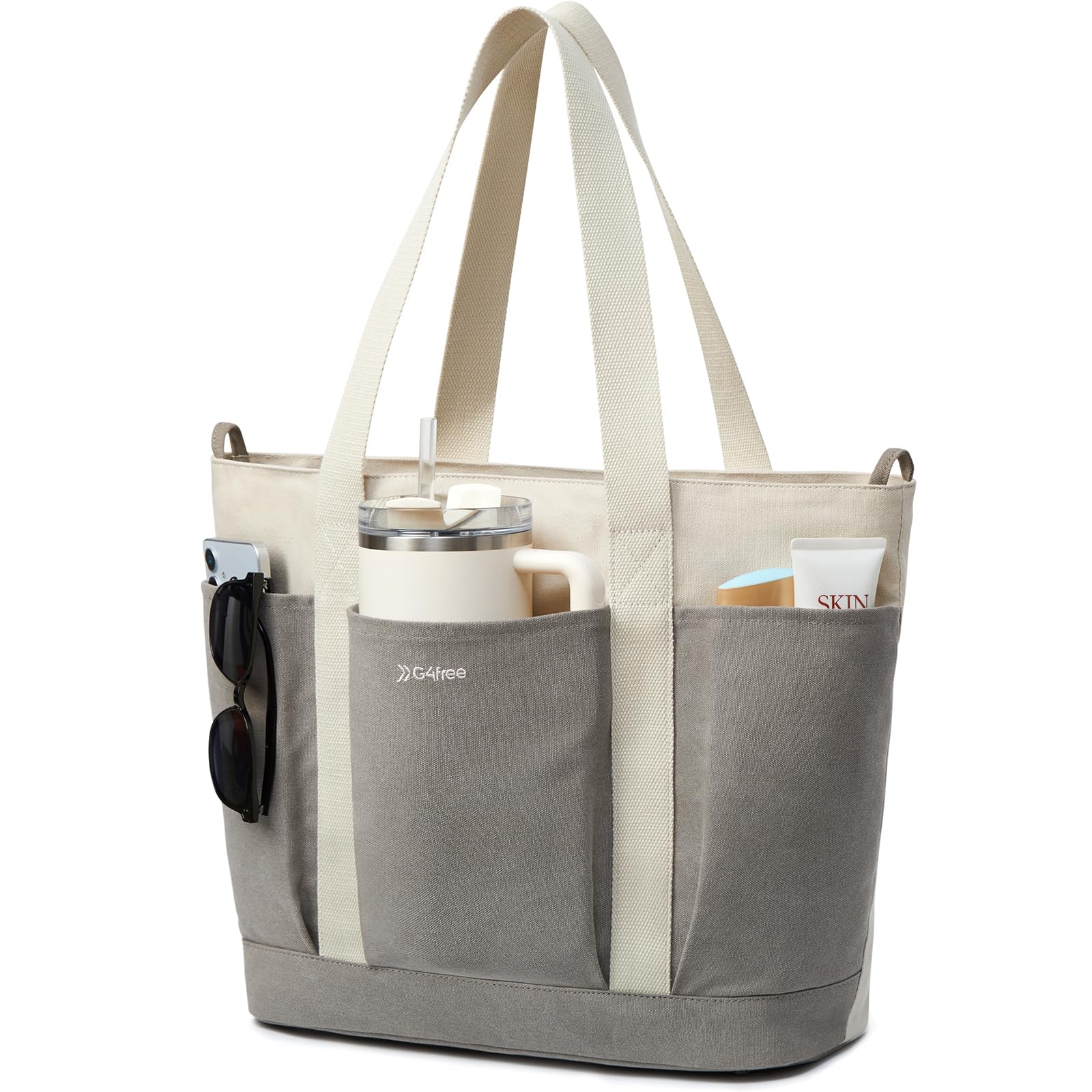 G4Free - G4free Large Zipper Canvas Tote Bag With Laptop Sleeve -TN24B474C