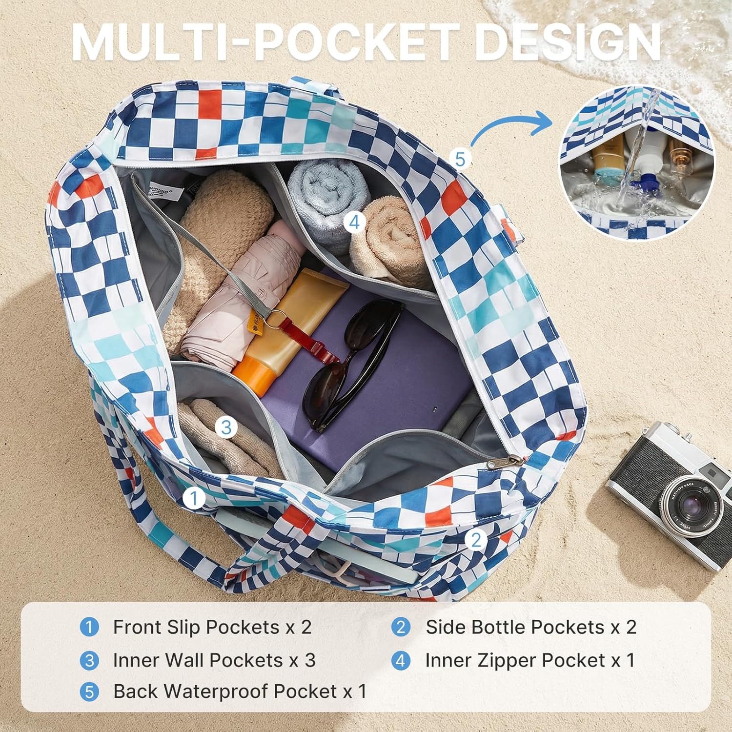 G4Free - Large Foldable Waterproof Sandproof Beach Tote Bag with Zipper -TN25B596D