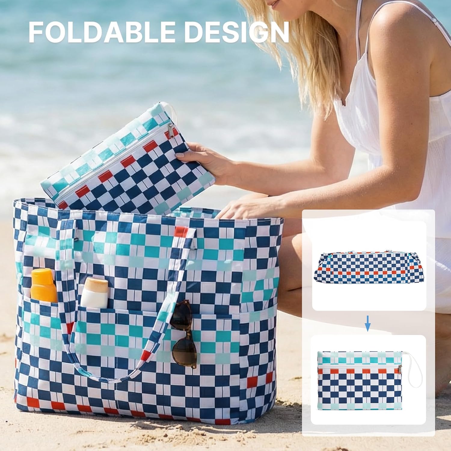 G4Free - Large Foldable Waterproof Sandproof Beach Tote Bag with Zipper -TN25B596D