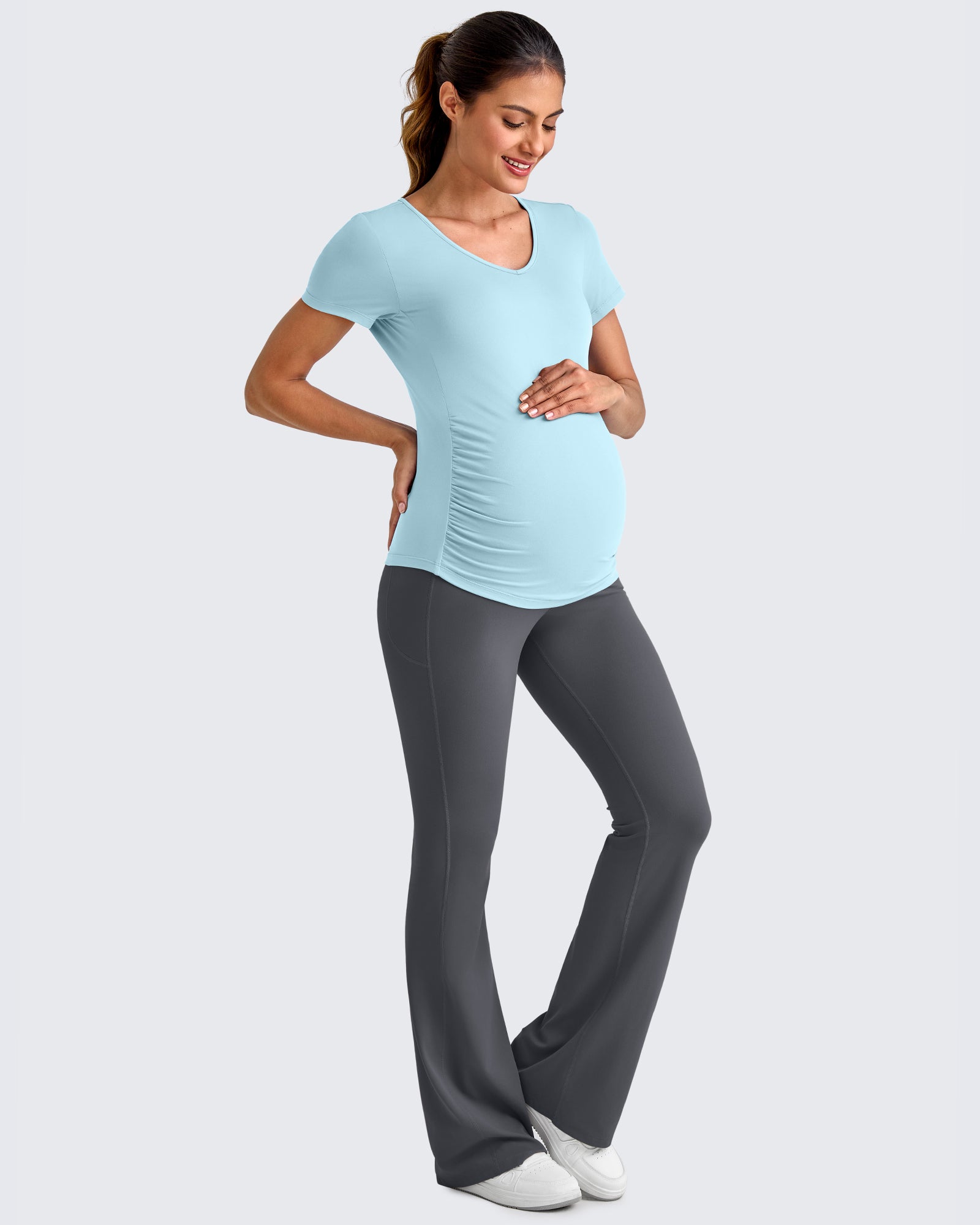G4Free - Lightweight V Neck Side Ruched Maternity Short Sleeve -GF25KY453BA-S