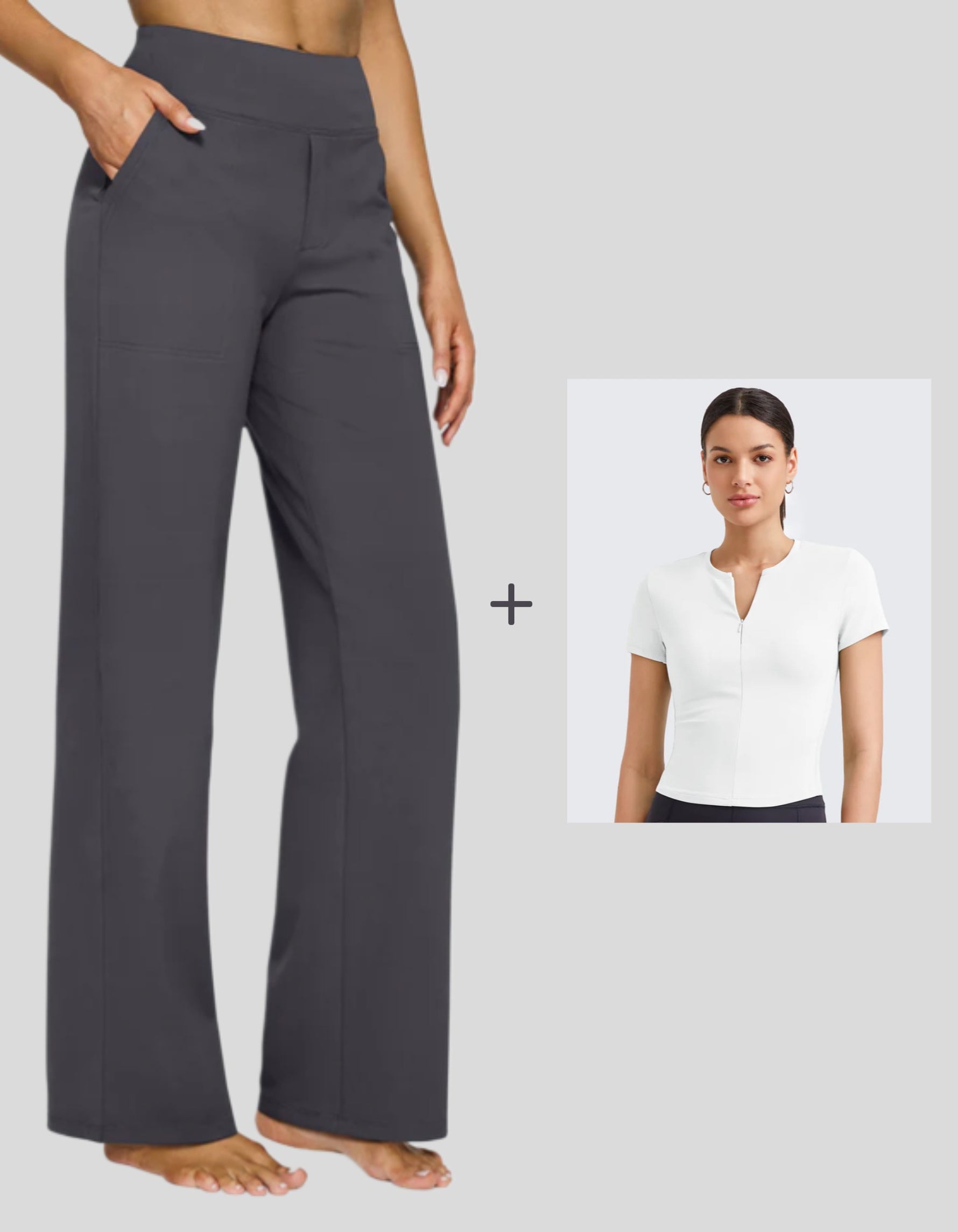 G4Free - Loose Business Casual Pants + BareFeel Half Zip Slim Fit Tops -GF23J183BF-XS+GF25K335DF-XS