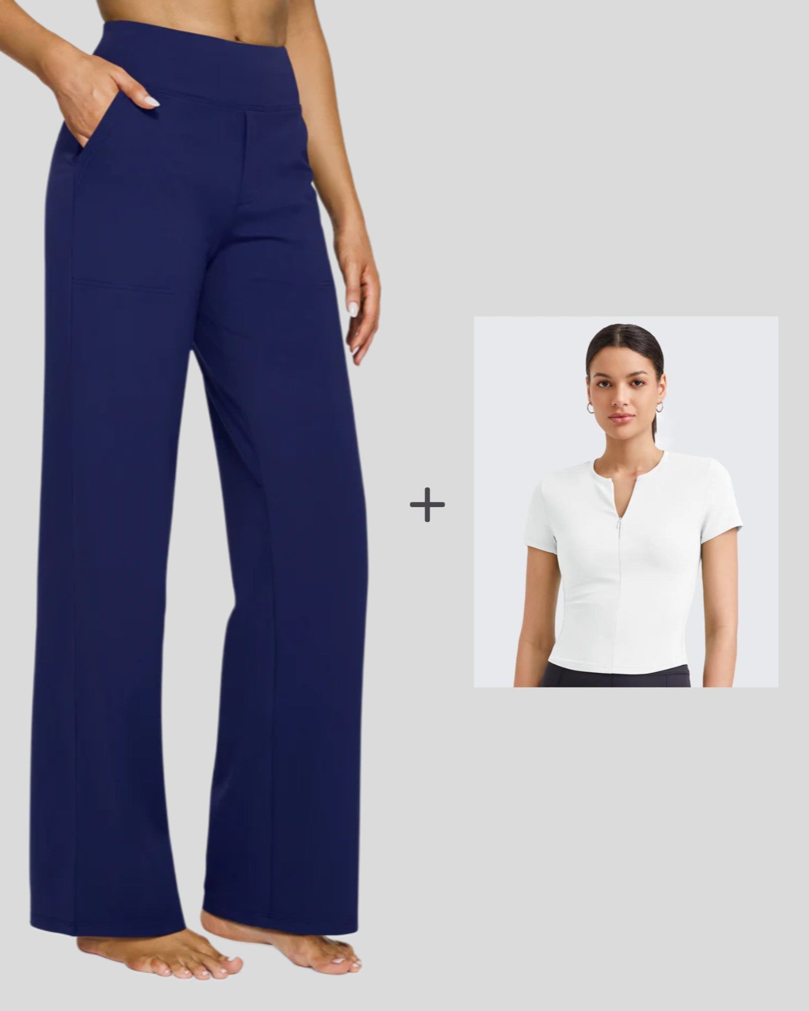 G4Free - Loose Business Casual Pants + BareFeel Half Zip Slim Fit Tops -GF23J183CF-XS+GF25K335DF-XS