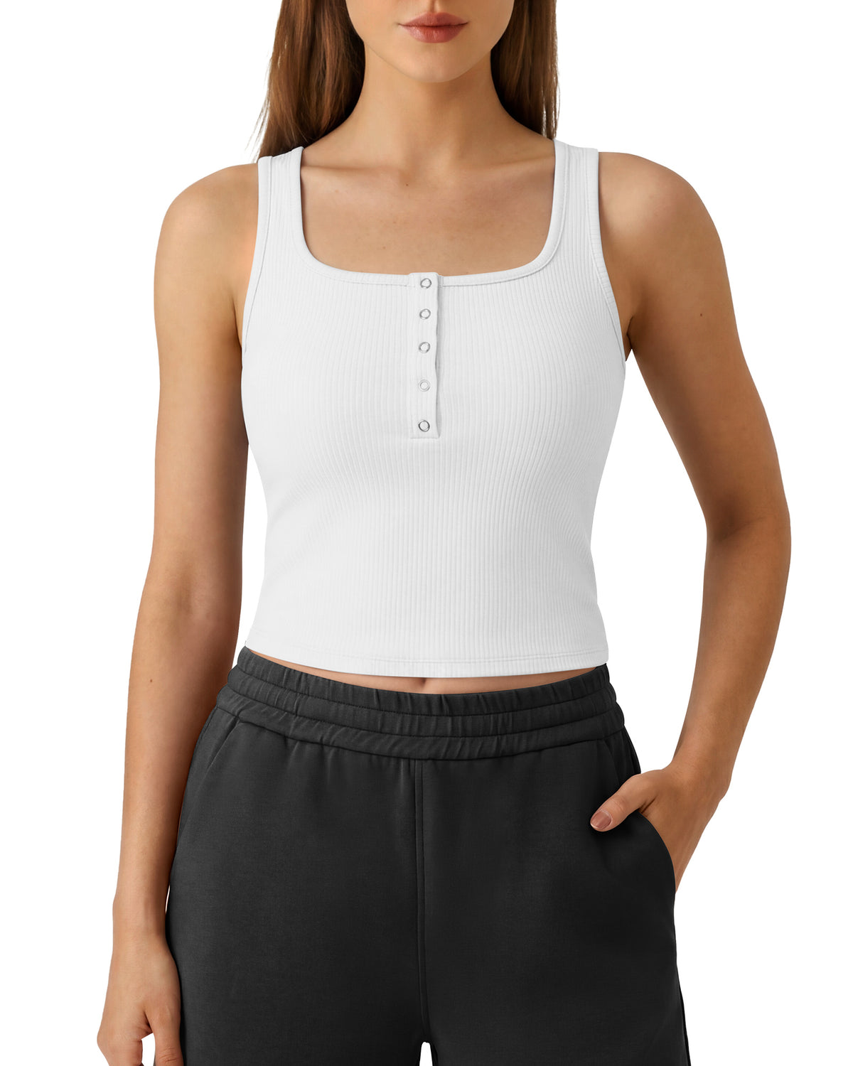 G4Free - Neck Sleeveless Crop Tops G4Free Ribbed Cropped Henley Tank Top -GF26L979A001F-XS