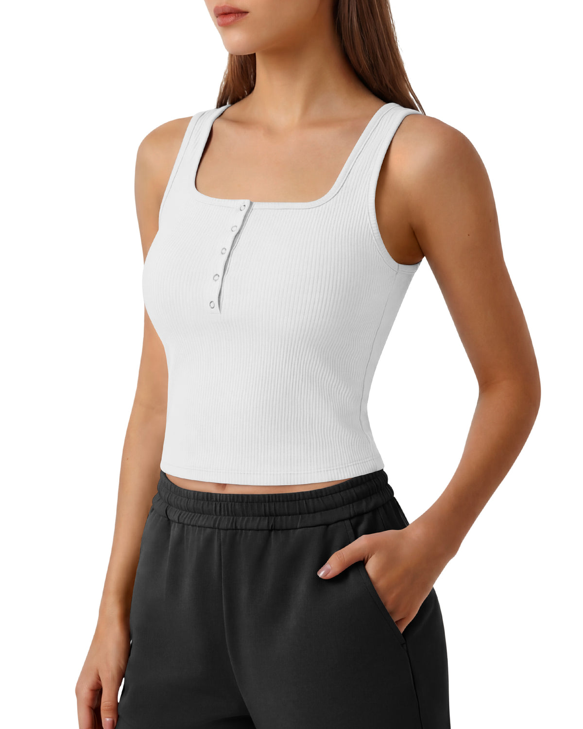 G4Free - Neck Sleeveless Crop Tops G4Free Ribbed Cropped Henley Tank Top -GF26L979A001F-XS