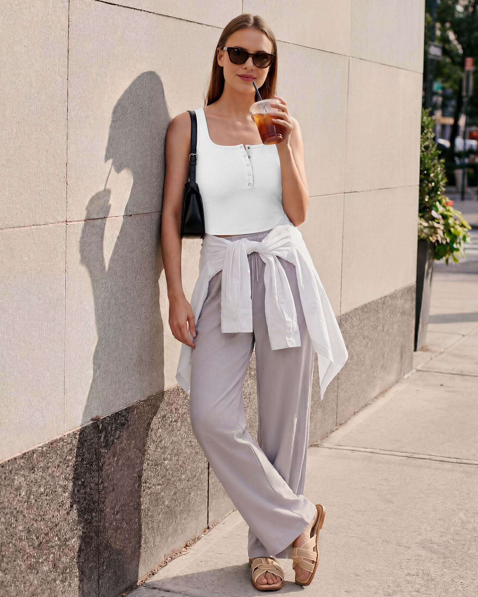 G4Free - Neck Sleeveless Crop Tops G4Free Ribbed Cropped Henley Tank Top -GF26L979A001F-XS