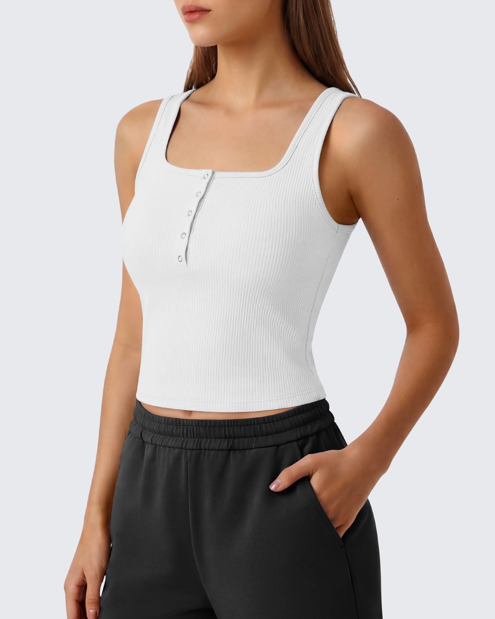 G4Free - Neck Sleeveless Crop Tops G4Free Ribbed Cropped Henley Tank Top -GF26L979A001F-XS