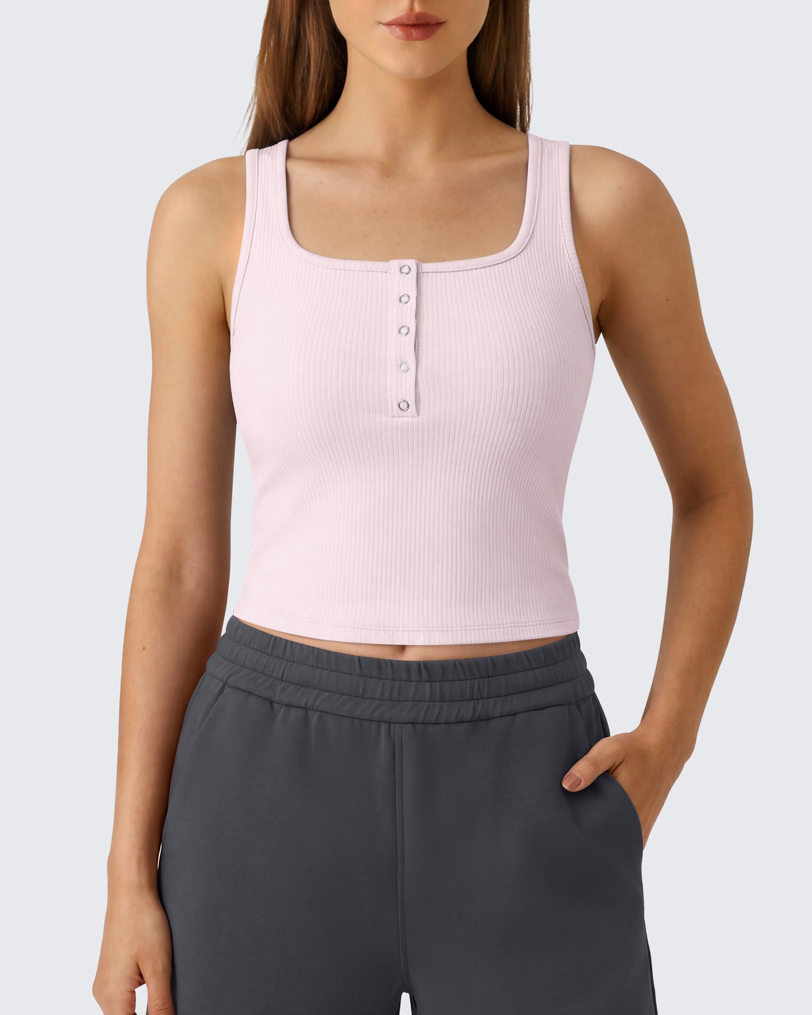 G4Free - Neck Sleeveless Crop Tops G4Free Ribbed Cropped Henley Tank Top -GF26L979A001F-XS