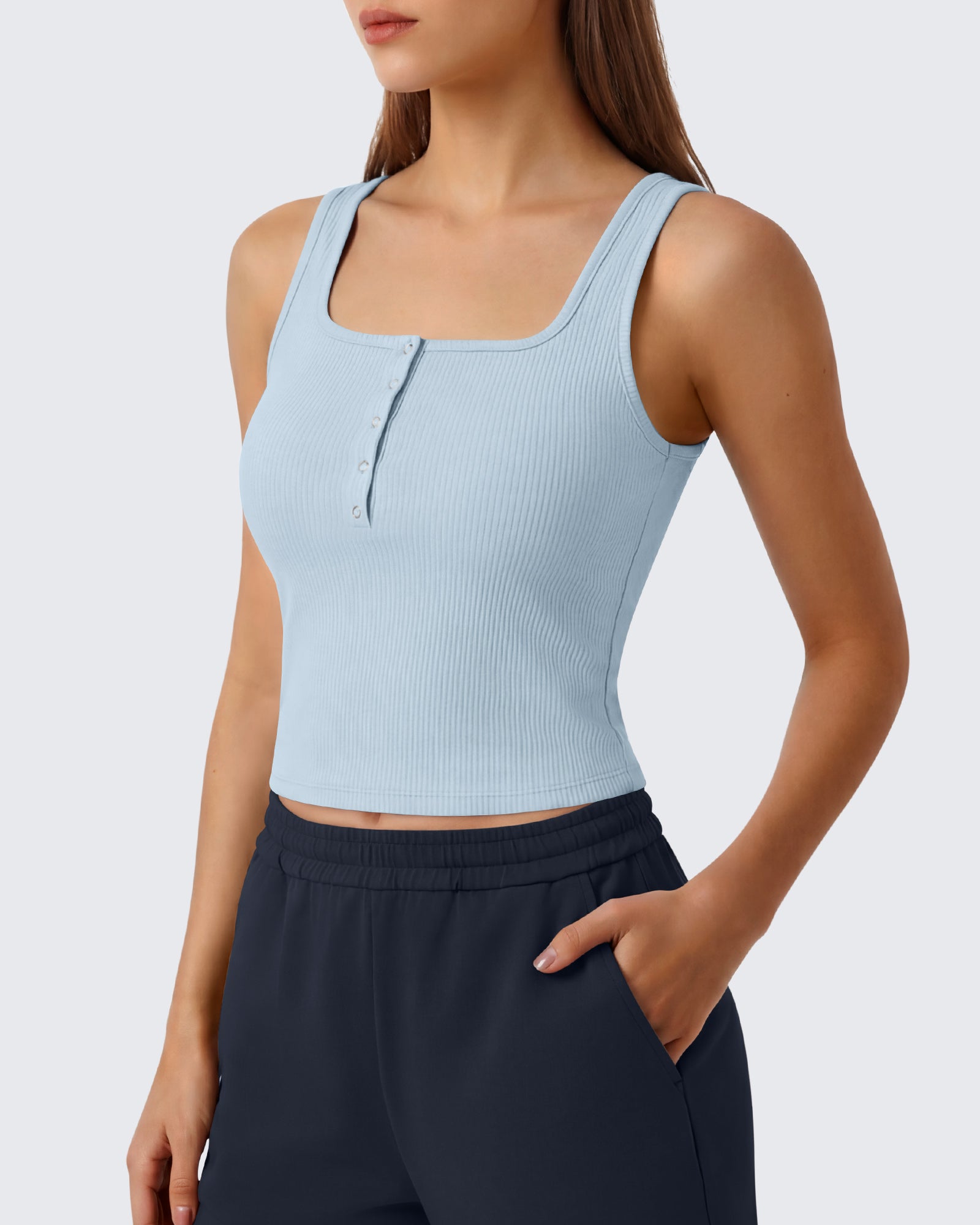 G4Free - Neck Sleeveless Crop Tops G4Free Ribbed Cropped Henley Tank Top -GF26L979A001F-XS